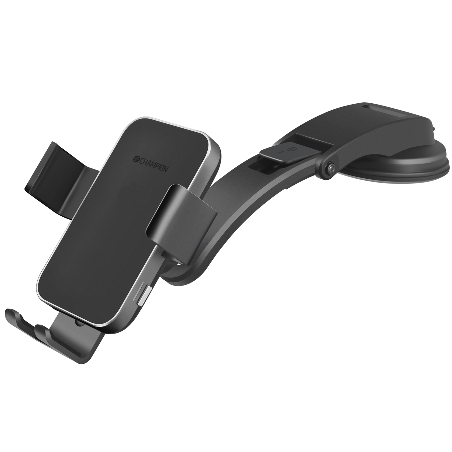 Eine Autotelefonhalterung, schwarz mit Champion-Logo, auf weißem Hintergrund.