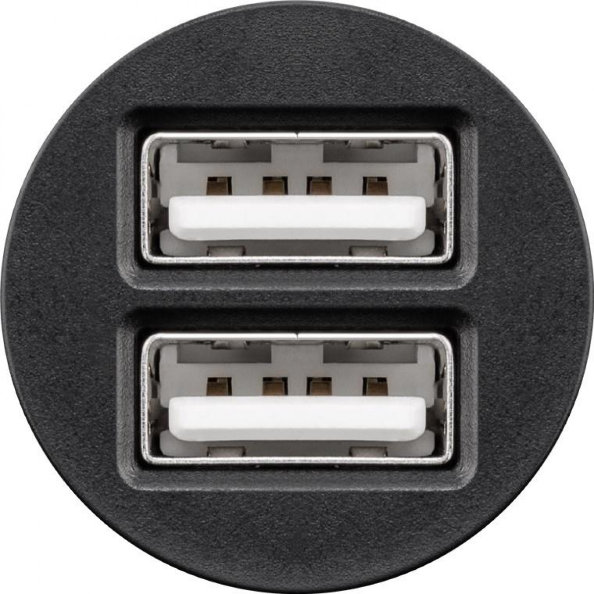 Nahaufnahme eines schwarzen USB-Ladegeräts mit zwei USB-Anschlüssen.