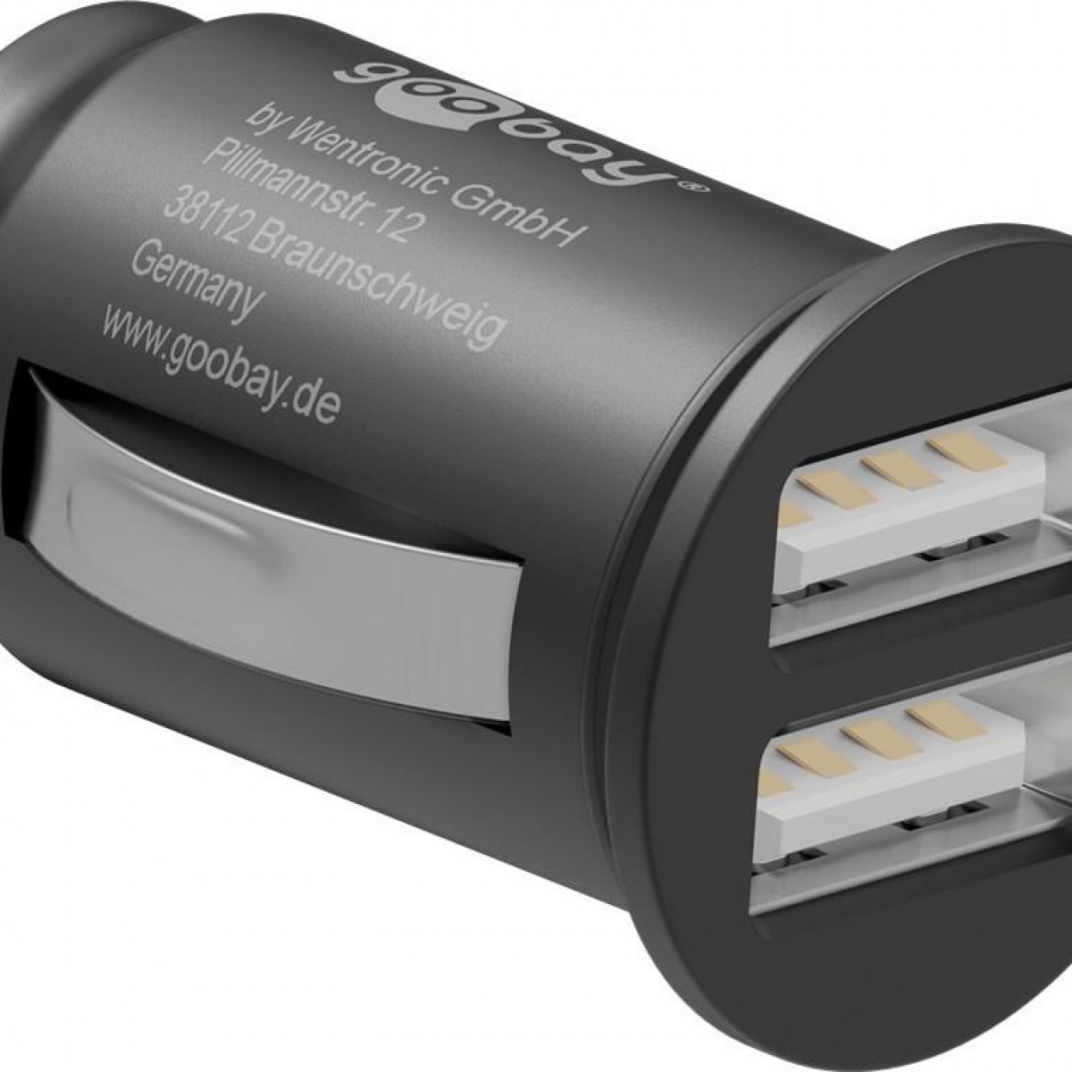 Ein schwarzes Goobay USB-Autoladegerät mit zwei Anschlüssen. Text auf der Seite des Ladegeräts.