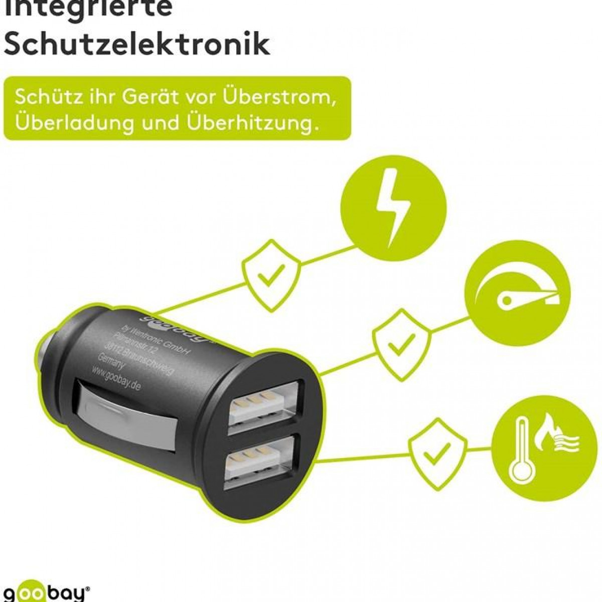 Autoladegerät mit zwei USB-Anschlüssen und Symbolen für Überstrom-, Überlast- und Hitzeschutz.