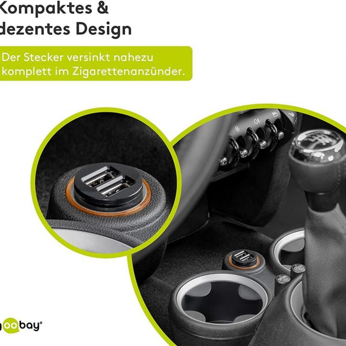 Auto-Innenraum mit USB-Ladeanschluss und Getränkehalter.