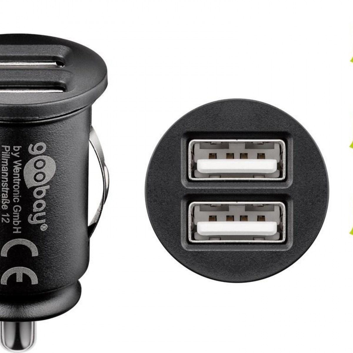 Ein schwarzes Autoladegerät mit zwei USB-Anschlüssen. Das Logo der Marke 'goobay' ist sichtbar.