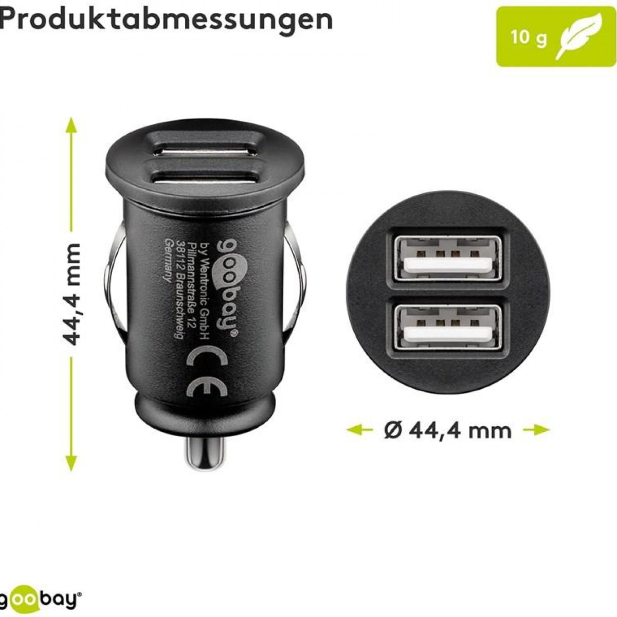 Schwarzes USB-Autoladegerät mit Abmessungen und Gewichtsangaben auf weißem Hintergrund. Produktetikett sichtbar.