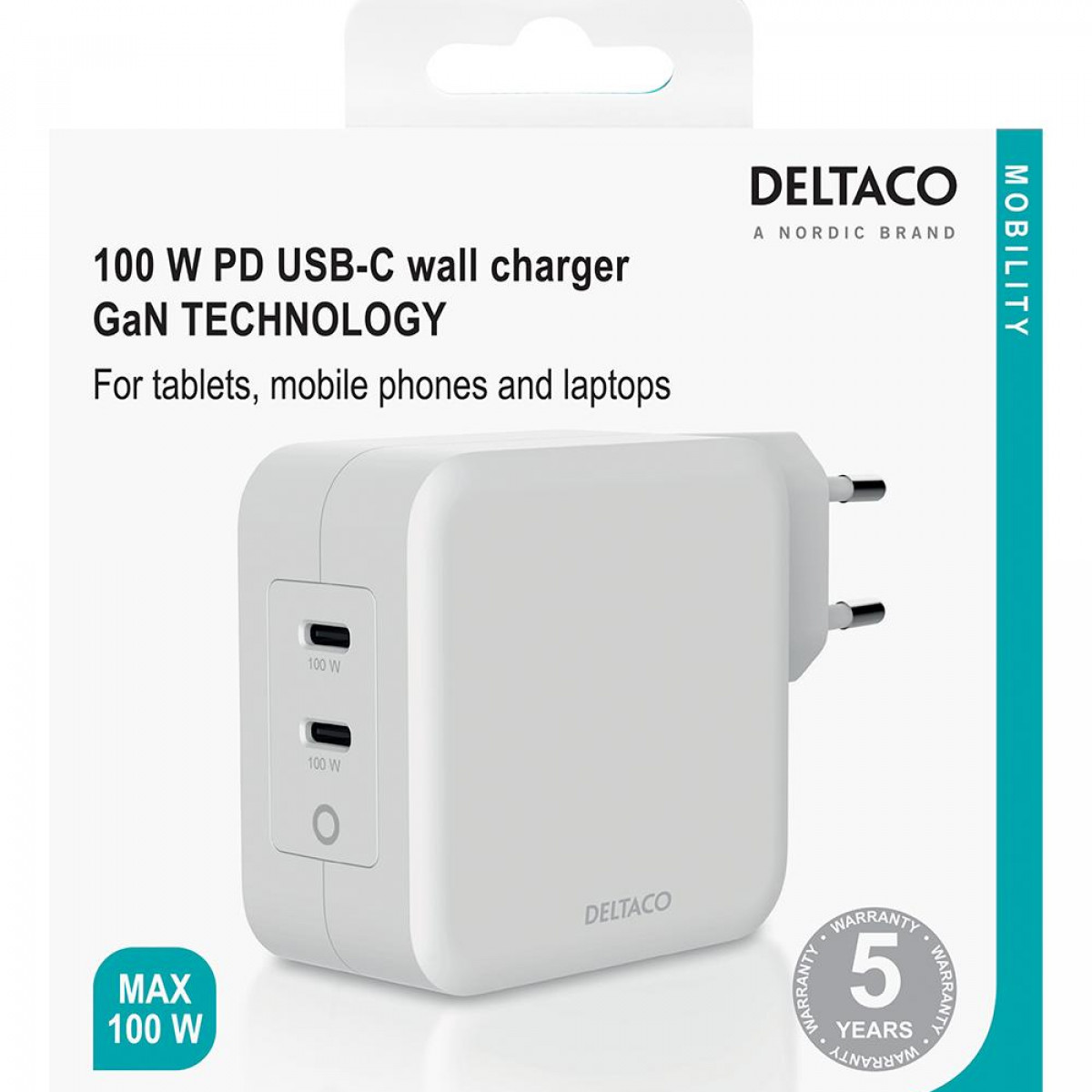 DELTACO DELTACO Wandladegerät, USB-C USB-C PD, 2x USB-C 100W, 1 GaN-Technologie, weiß insgesamt Wandladegerät USB-C