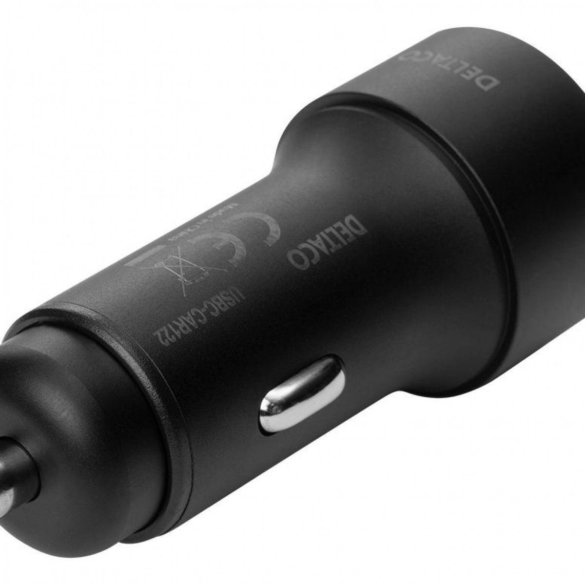 Nahaufnahme eines schwarzen DELTACO USB-Autoladeadapters.