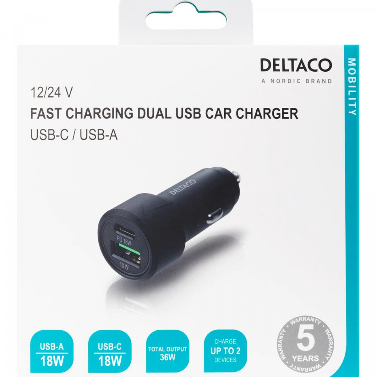 Schwarzes Autoladegerät mit USB-C- und USB-A-Anschlüssen. Text auf der Box enthält Markennamen und Ladeinformationen.