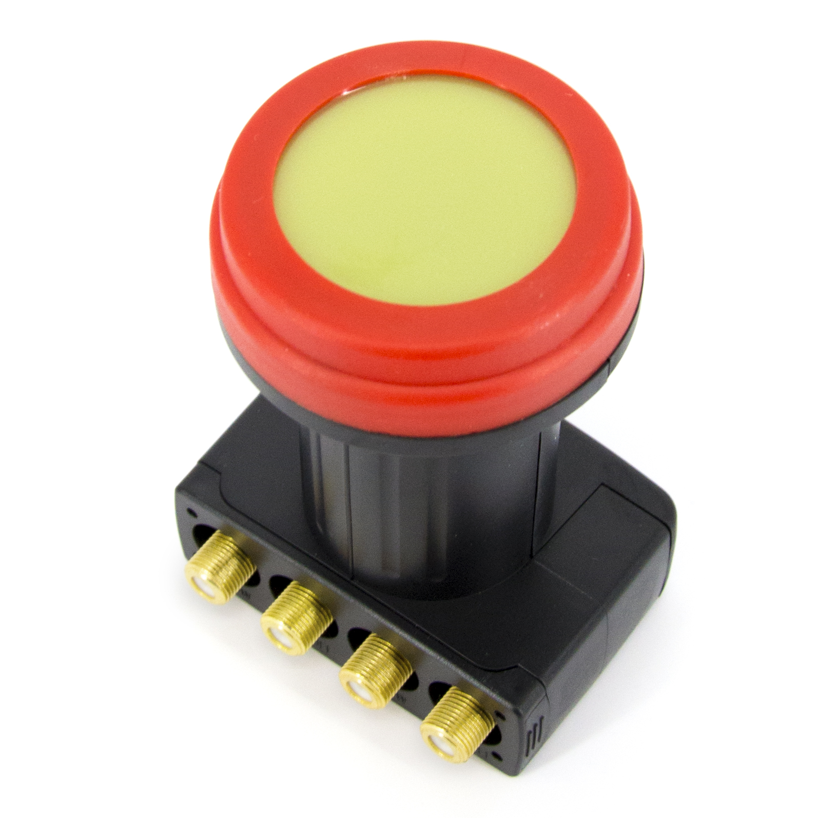 Schwarzes LNB mit rotem Ring und gelbem Zentrum. Vier goldene Anschlüsse sind unten sichtbar.