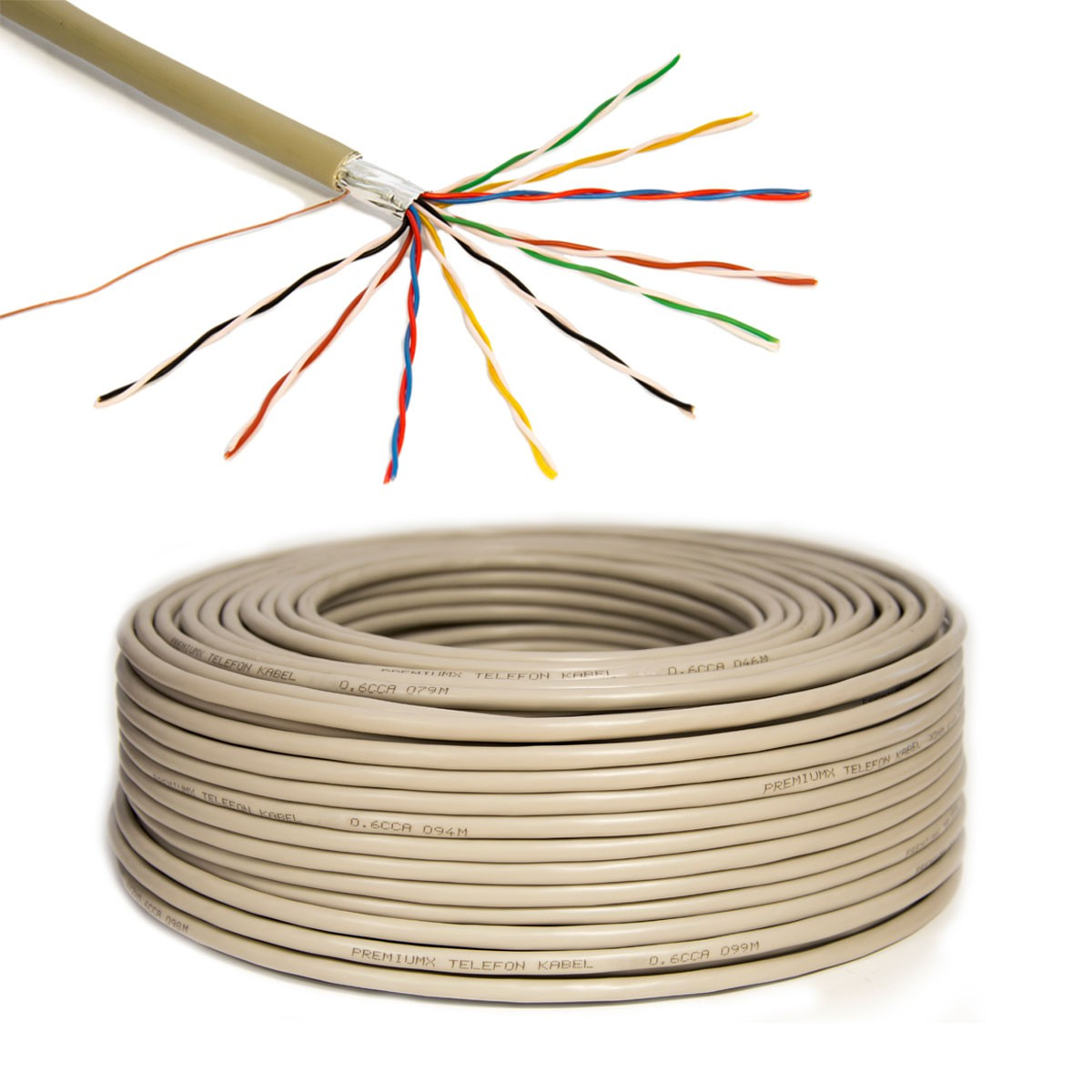 Eine Kabelrolle und mehrere Drähte. Das Kabel ist beige, die Drähte sind farbenfroh.