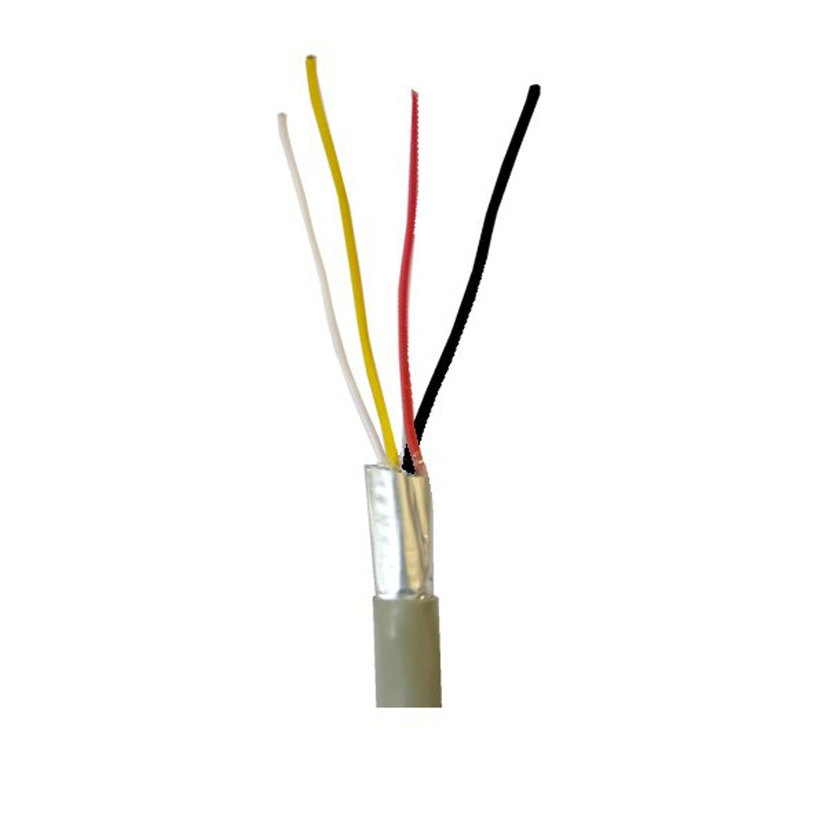 Drähte mit weißer, gelber, roter und schwarzer Isolierung. Sie kommen aus einem metallischen Kabel.