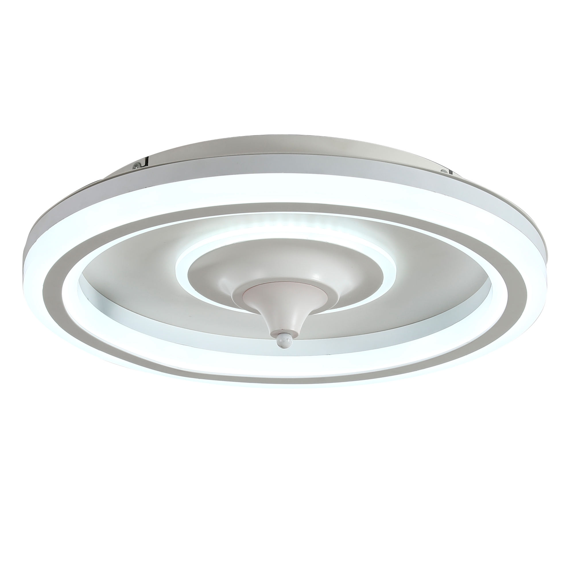 Luz de techo blanca y plateada. Diseño circular con luces LED.