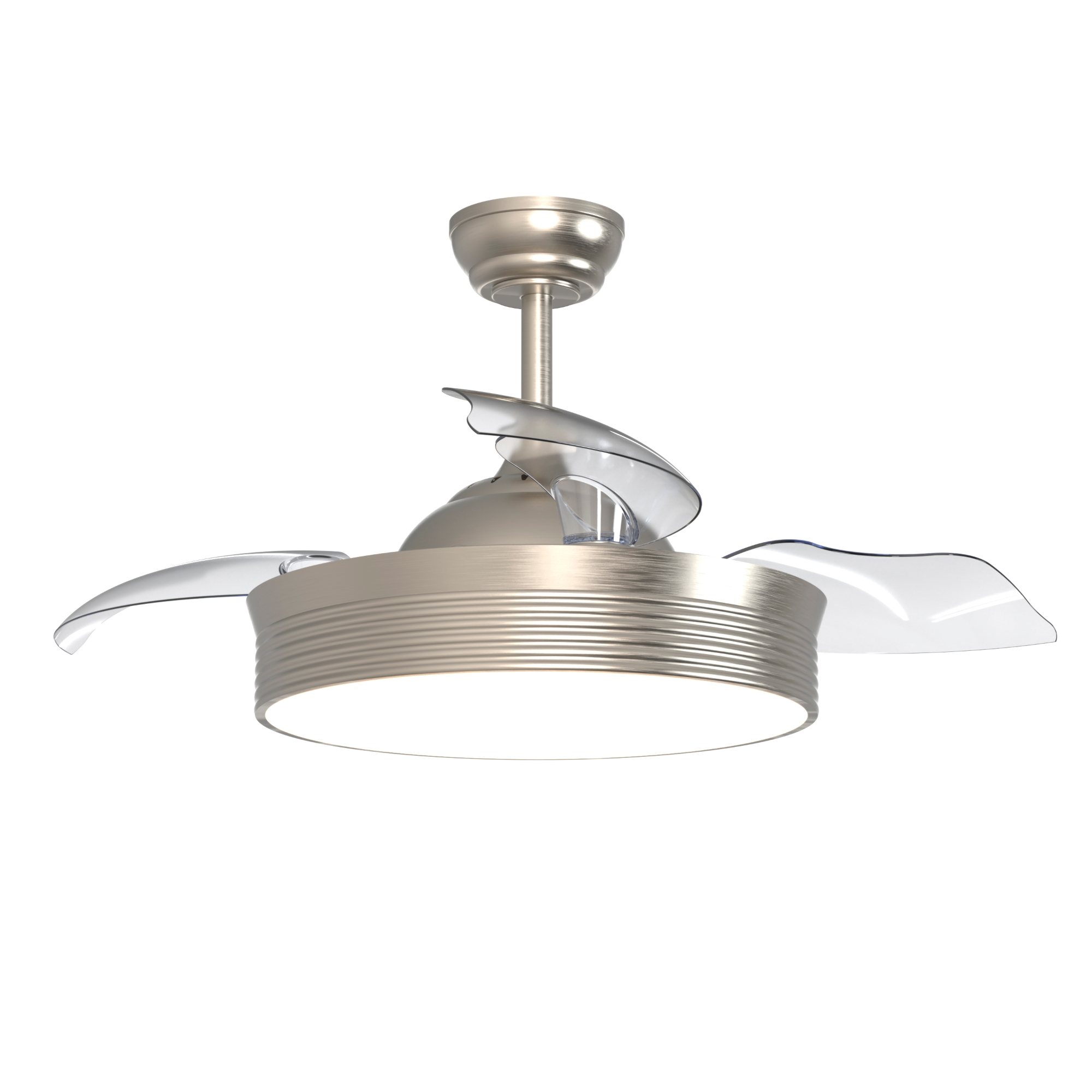 Ventilador de techo con 4 aspas transparentes. El ventilador tiene una base plateada y una luz.