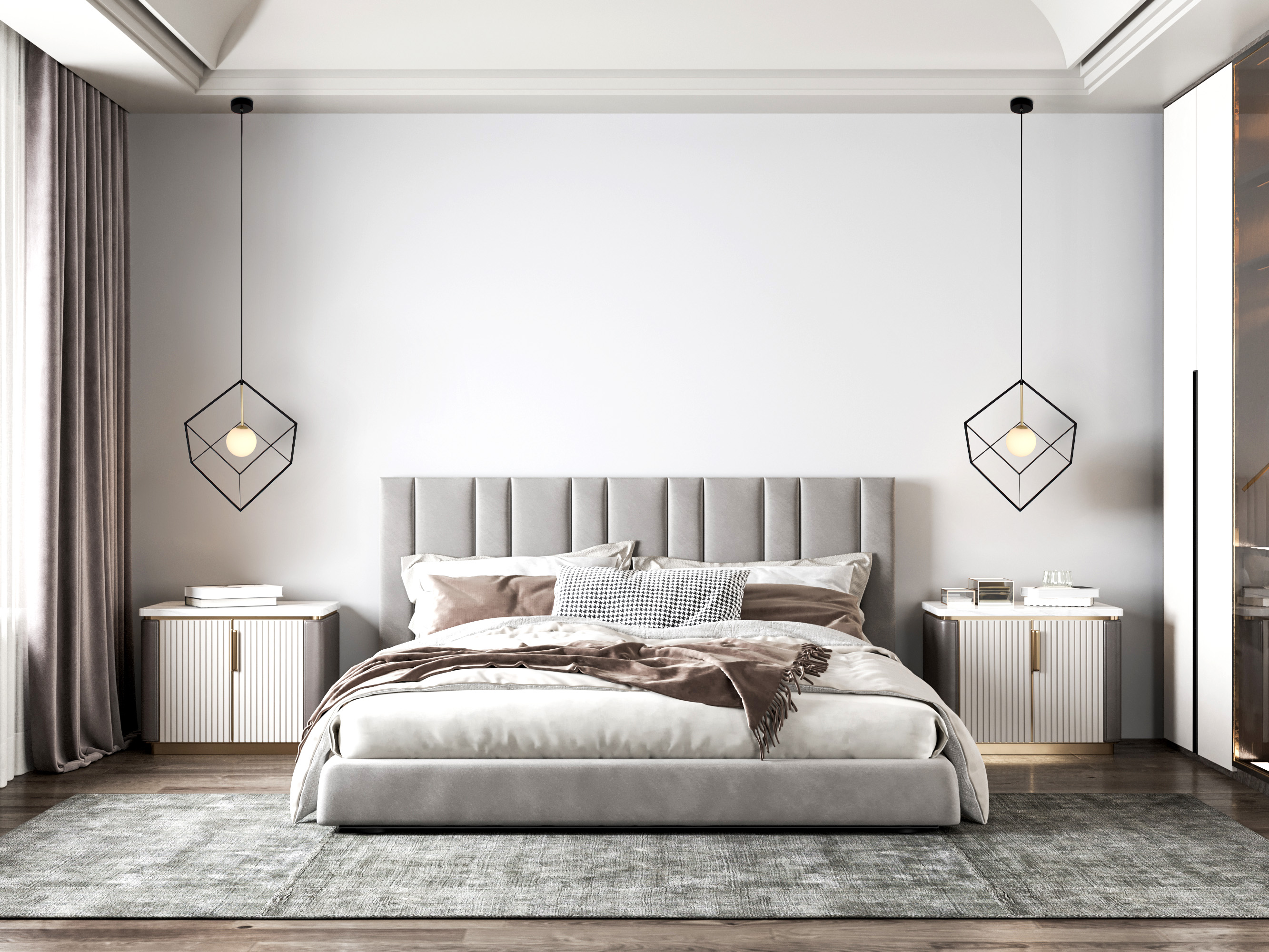Ein Schlafzimmer mit Bett, Nachttischen und Hängelampen. Weiche Farben schaffen eine entspannte Atmosphäre.
