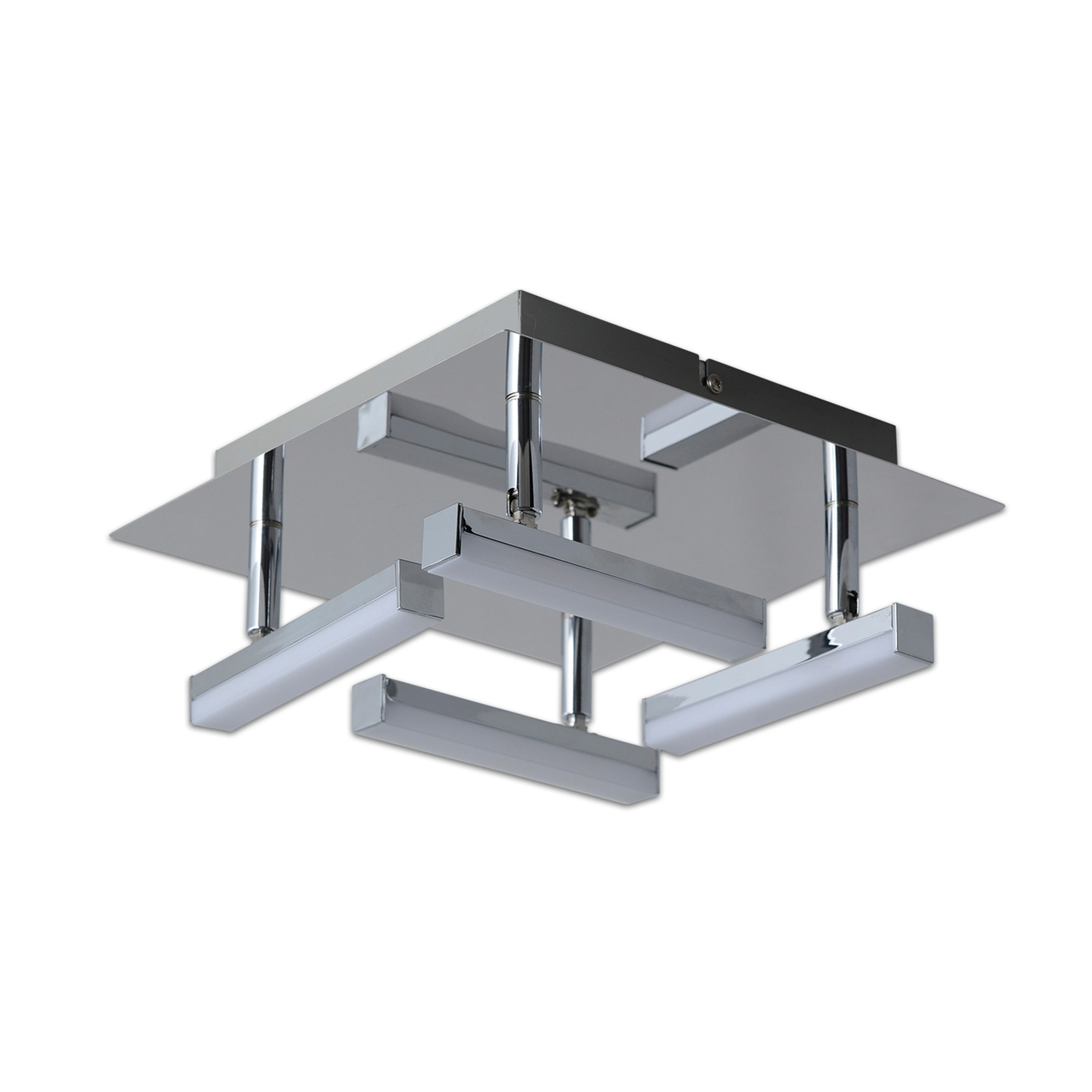 Rechteckige Deckenleuchte. Silbermetall mit vier hängenden LED-Lichtleisten.