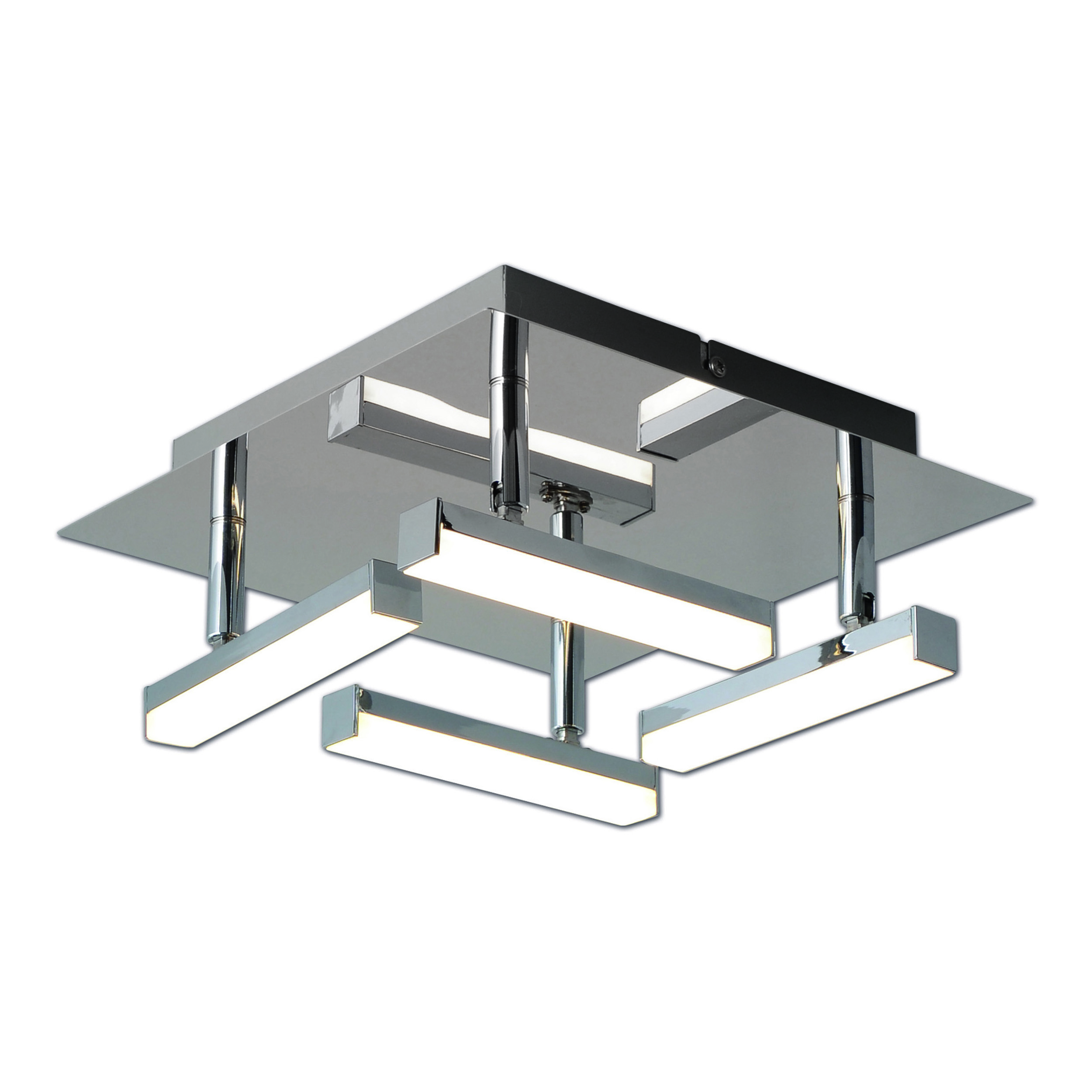 Eine moderne Deckenleuchte mit quadratischer Basis und vier rechteckigen Lichtern.