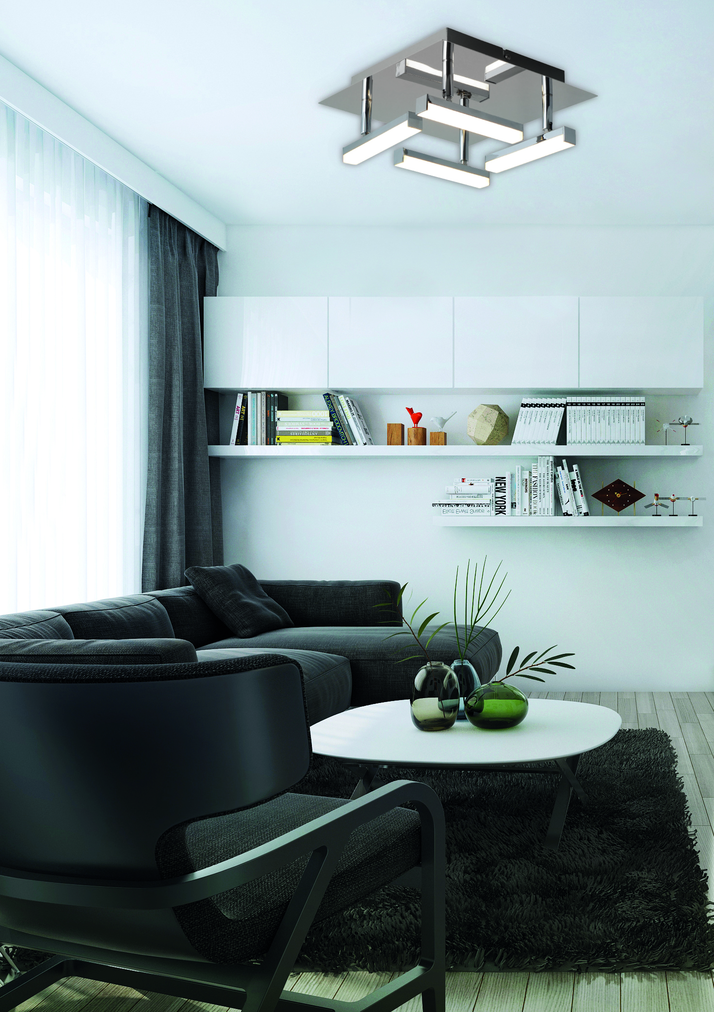 Modernes Wohnzimmer: graues Sofa, weißer Couchtisch, schwarzer Stuhl, weiße Wände, Regale und Deckenleuchte.