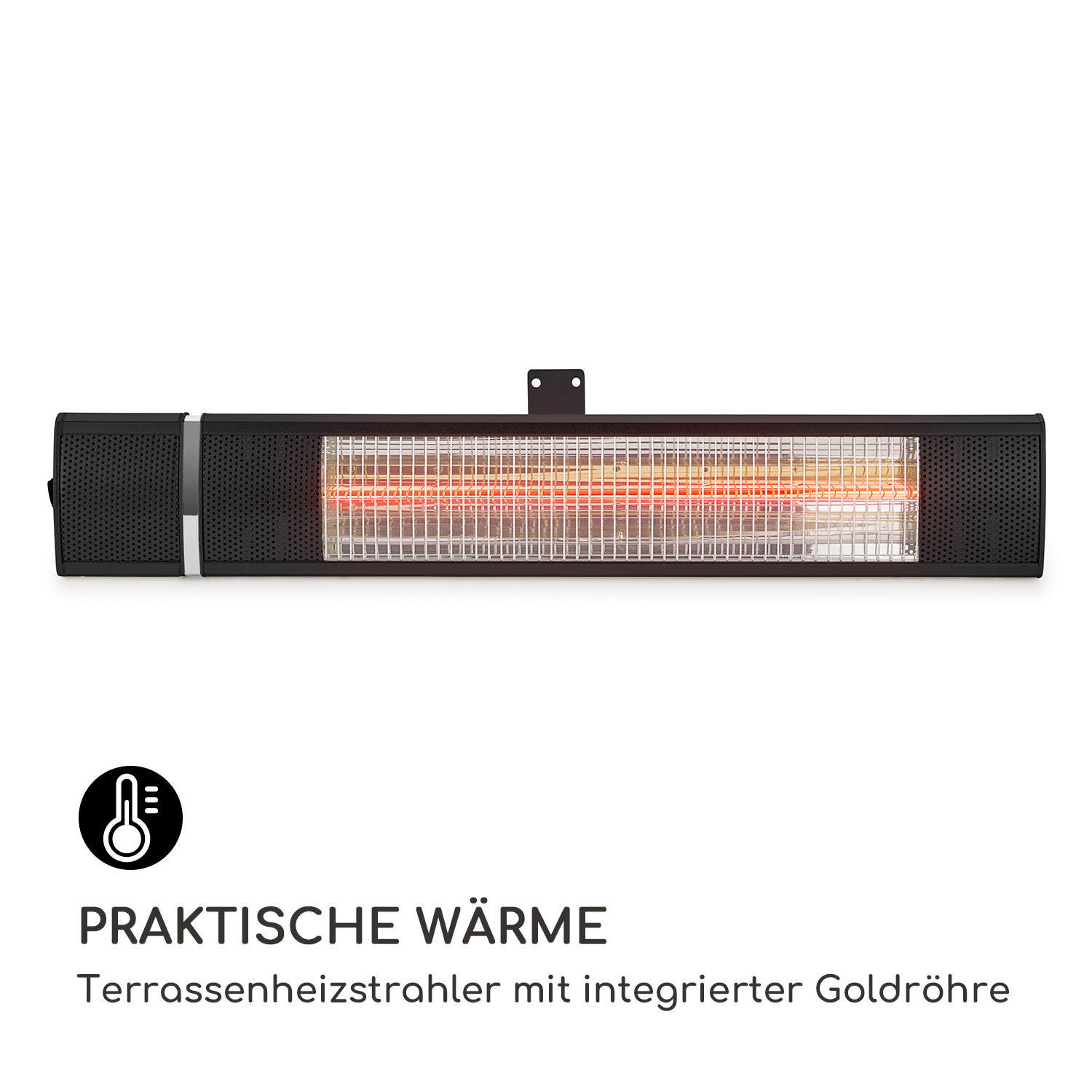 Schwarzer Außenheizstrahler mit integrierter Goldröhre, vor weißem Hintergrund.