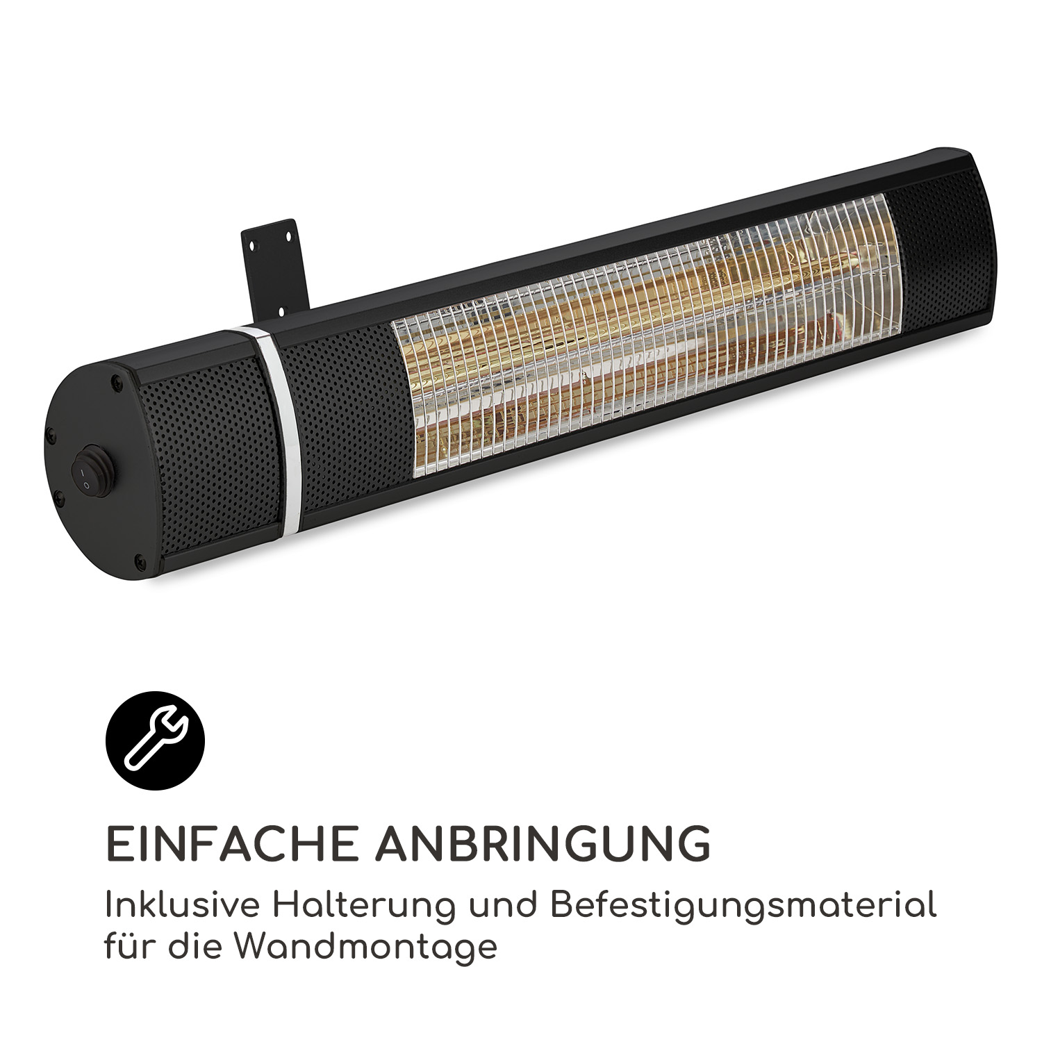Ein schwarzer Infrarot-Heizstrahler für den Außenbereich mit Schutzgitter und Ein-/Ausschalter.