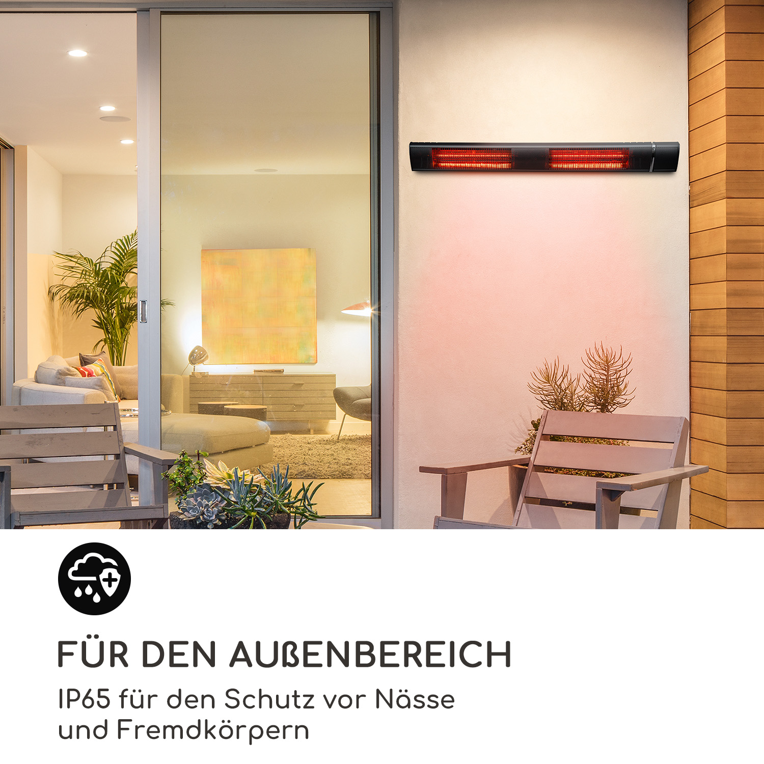 Wandheizung für den Außenbereich mit zwei roten Heizelementen. Text: Für den Außenbereich, IP65 Schutz.