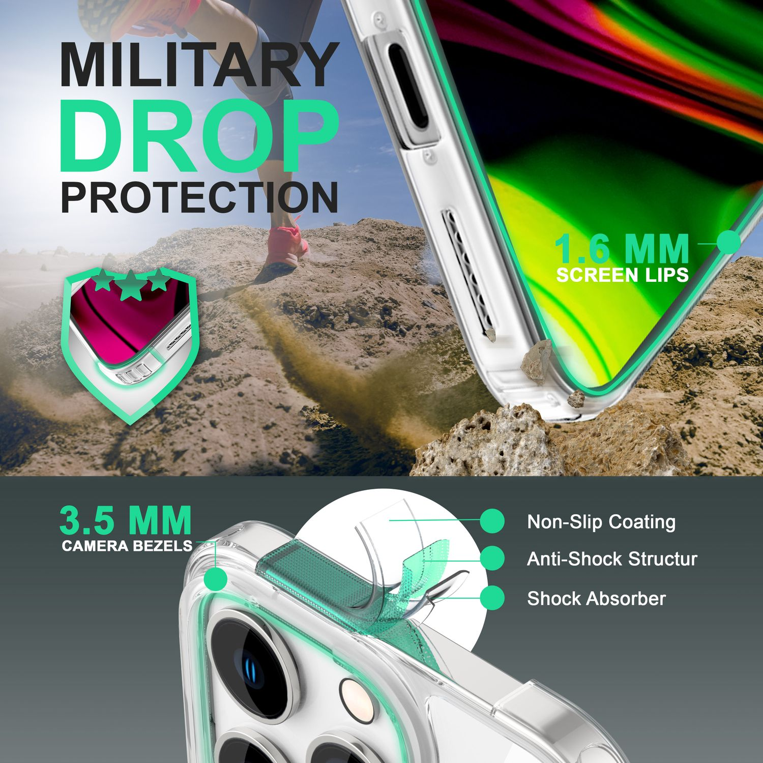 Ein Telefon mit Schutzhülle, das Merkmale wie Kamerarahmen und Bildschirmränder zeigt.