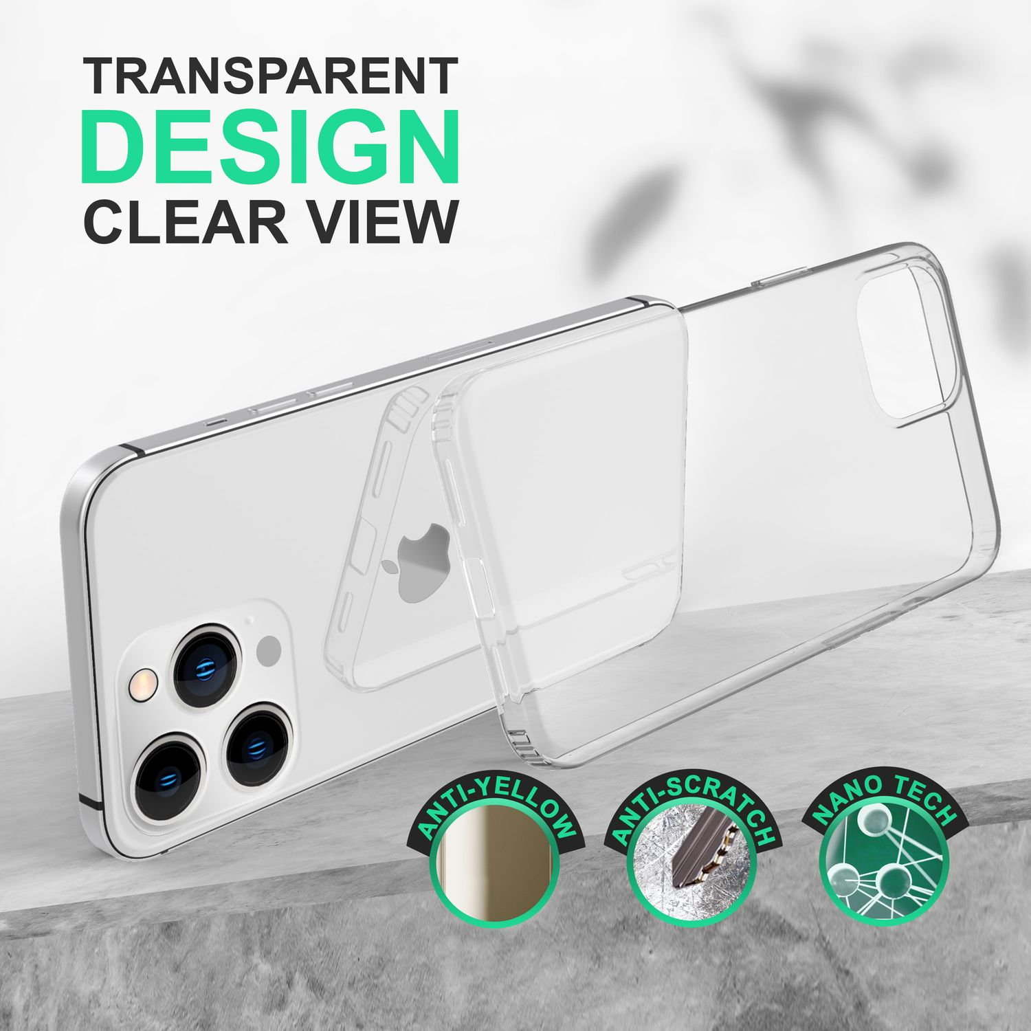 Eine transparente Handyhülle, mit Text: Transparentes Design, klare Sicht. Anti-Gelb, Anti-Kratzer.