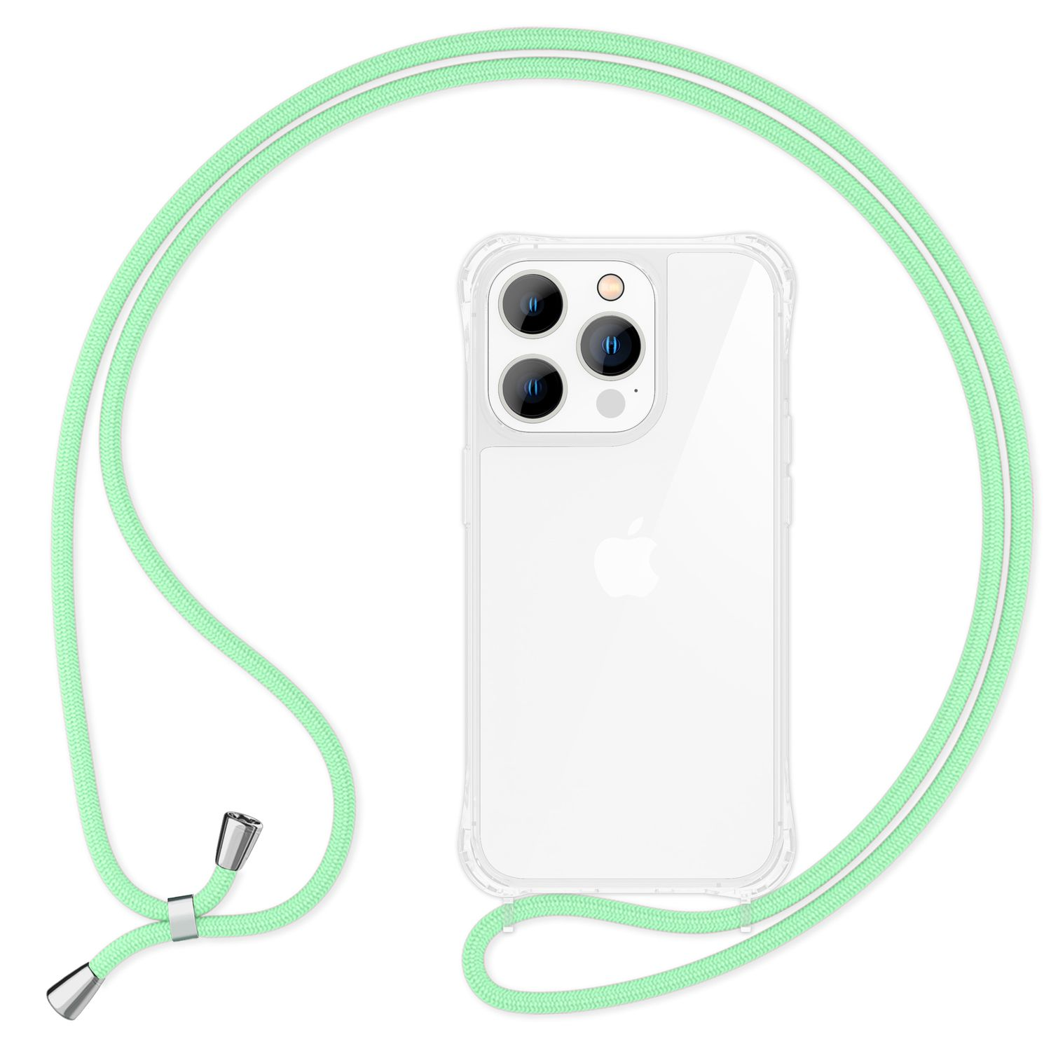 Transparente Handyhülle mit grünem Umhängeband. Das Telefon hat drei Kameras und ein weißes Apple-Logo.