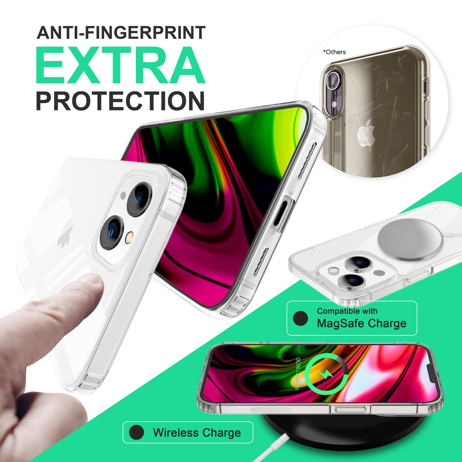 Transparente Handyhüllen mit bunten Hintergründen, kabellosem Laden und einem fingerabdruckresistenten Bildschirm.