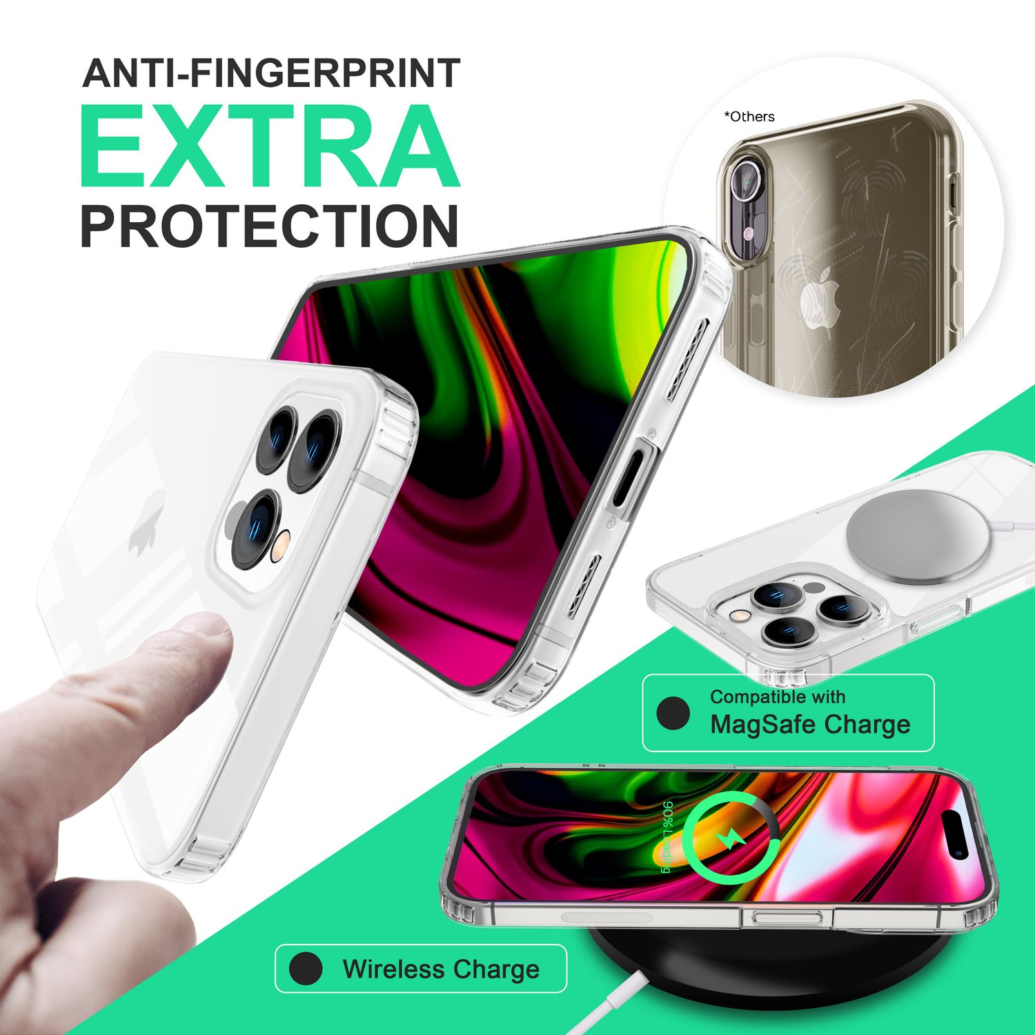 Telefonhüllen, meist transparent, um Telefone. Ein Telefon lädt drahtlos. Text sagt Extra Schutz.