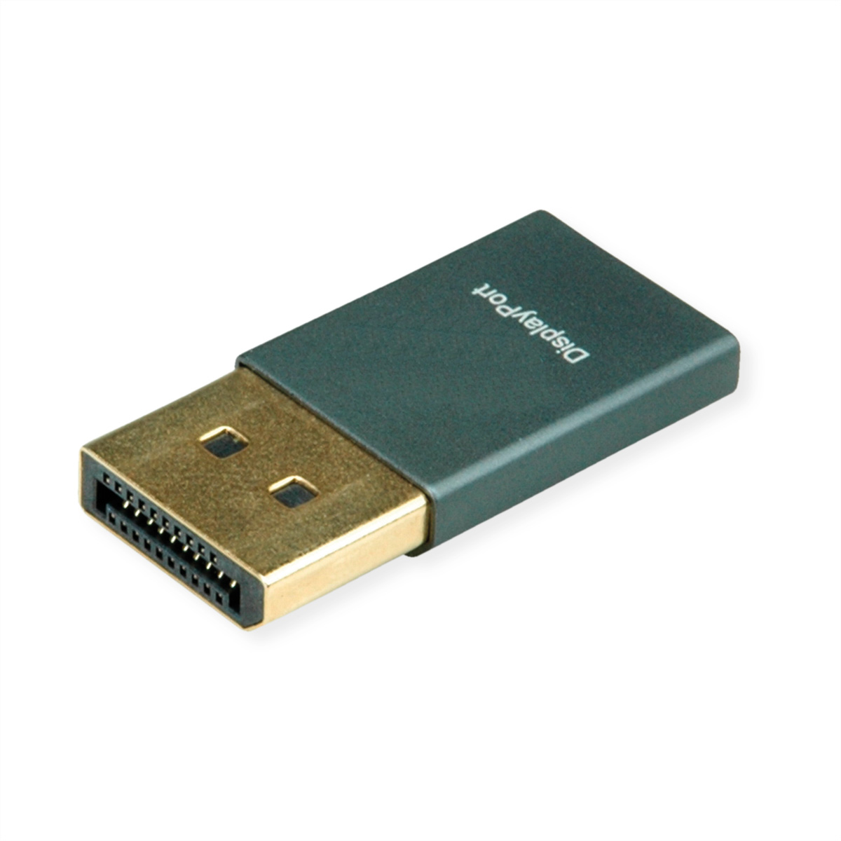 Adattatore DisplayPort verde scuro. Connettore dorato, custodia verde scuro, sfondo bianco.