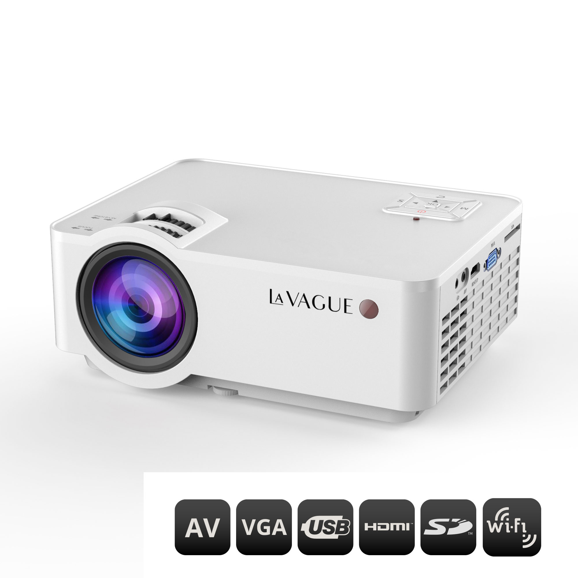 Un projecteur blanc avec plusieurs ports d'entrée.