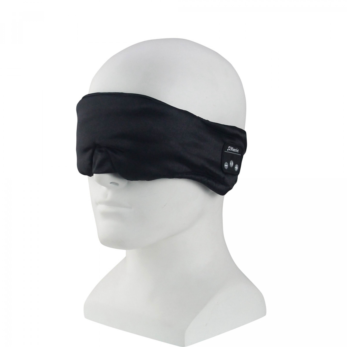 Schwarze Schlafmaske auf einem weißen Schaufensterpuppenkopf. Knöpfe und Text an der Seite.