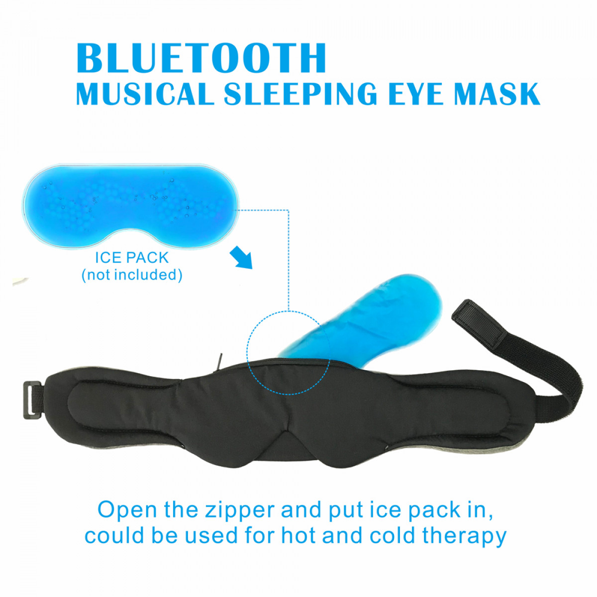 Schwarze Schlafmaske mit blauem Kühlpack und Textbeschreibung.