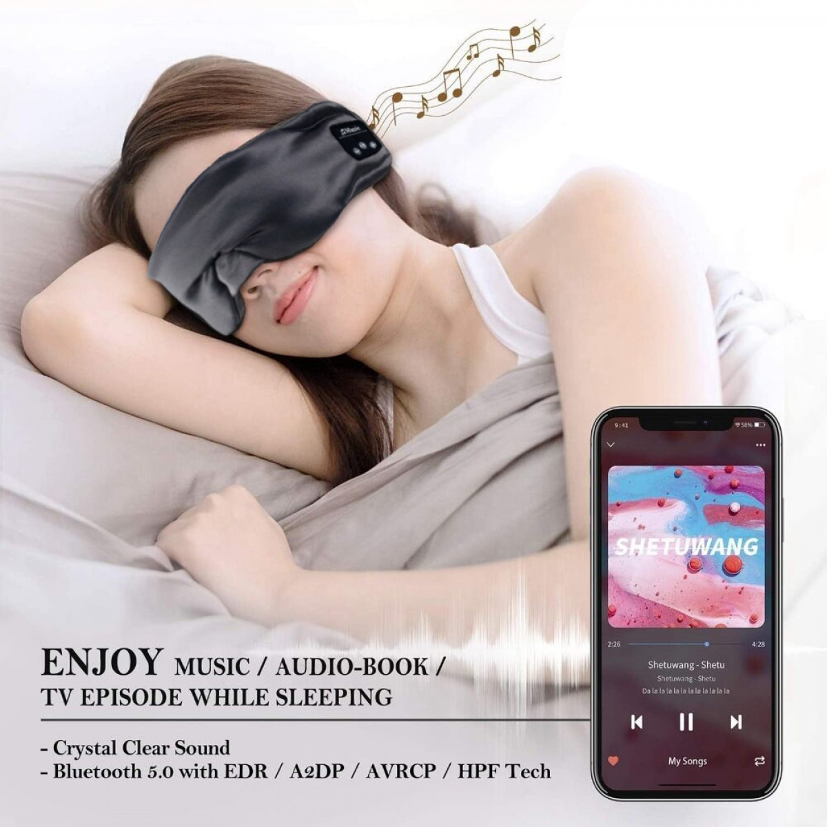 3D-Augenmaske Wireless Open-ear mit Bluetooth schwarz INF Stereolautspreche, Kopfhörer Schlafkopfhörer