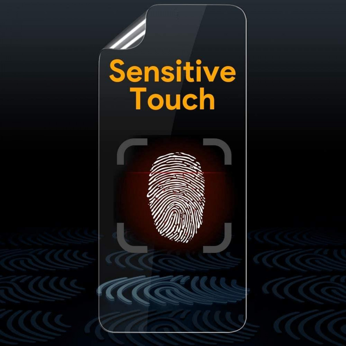 Ein Displayschutz mit Fingerabdruckgrafik und den Worten 'Sensitive Touch'.