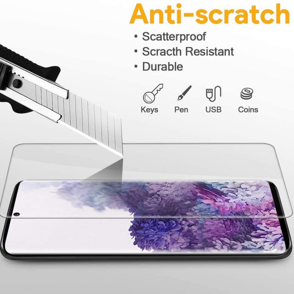 Ein Displayschutz wird mit einem Messer geschnitten. Der Text lautet Anti-Kratzer.