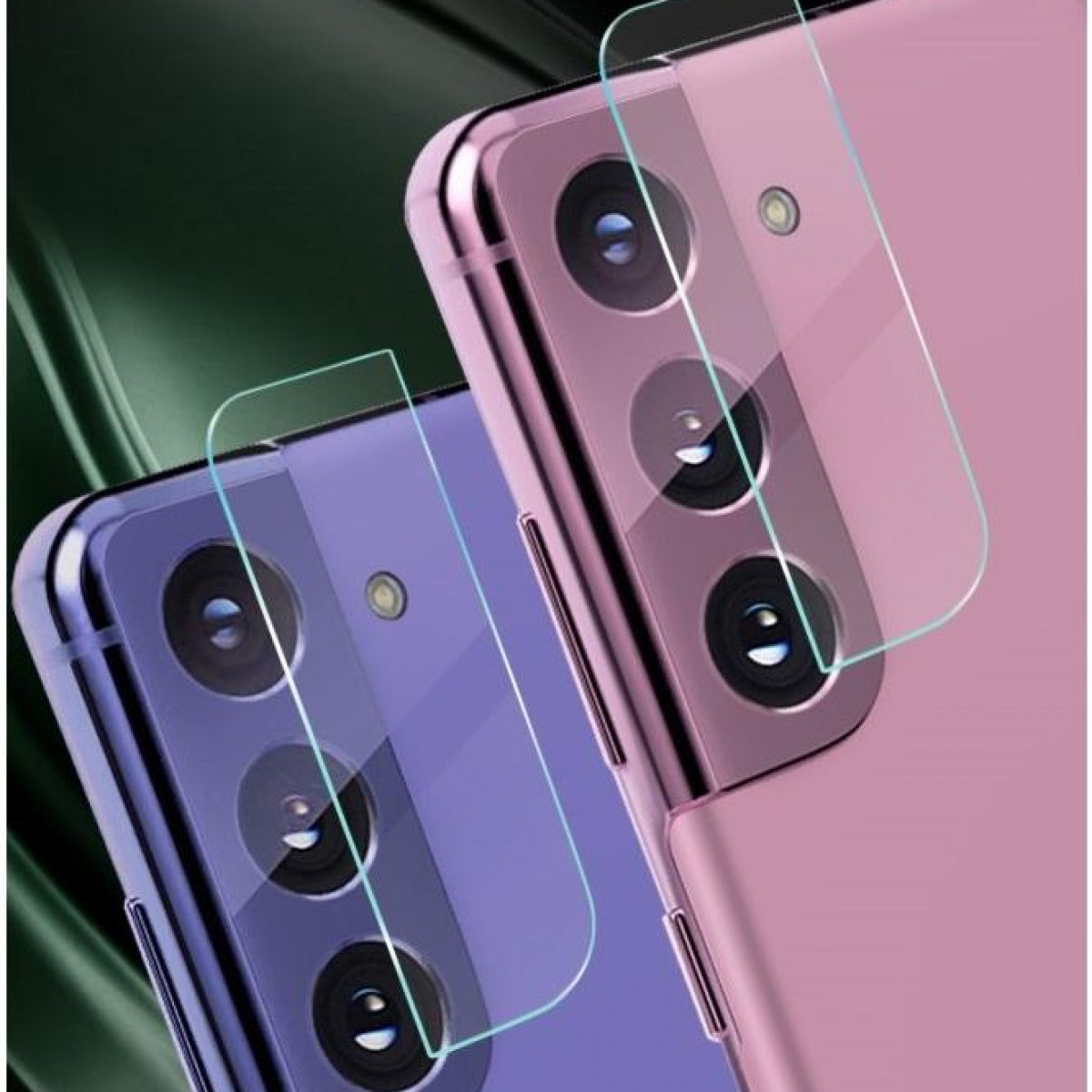 Zwei Telefone mit aufgebrachten Displayschutzfolien. Eins lila, eins pink, zeigen Kameralinsen.