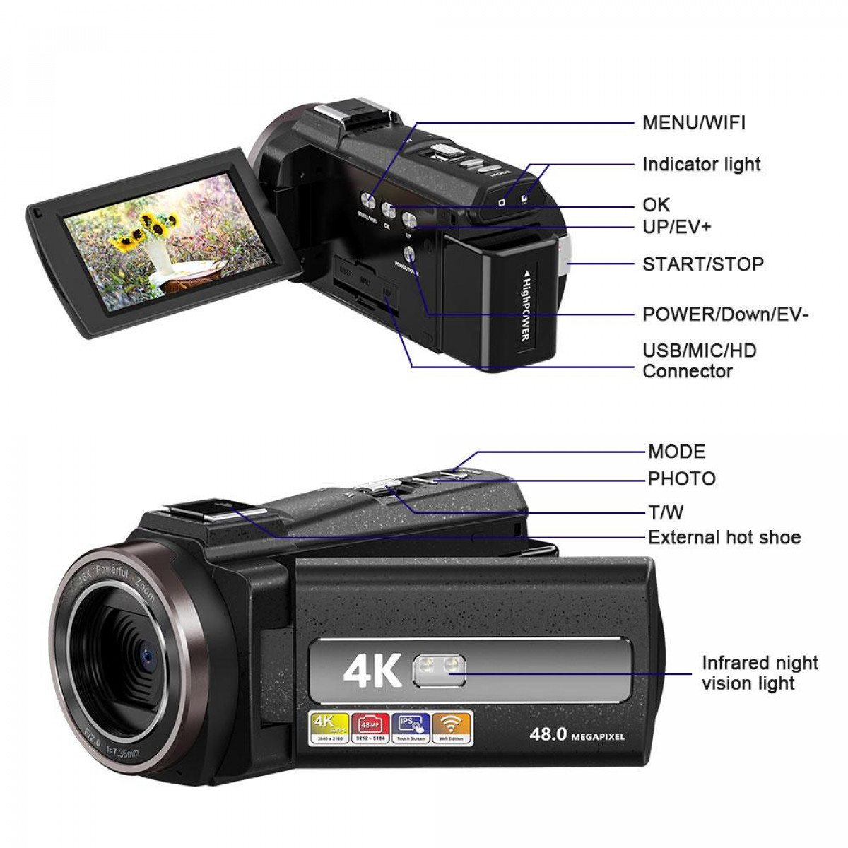 INF Camcorder 16x Camcorder / Fernbedienung 4K / opt. IR-Nachtsicht Zoom / Zoom / 48MP