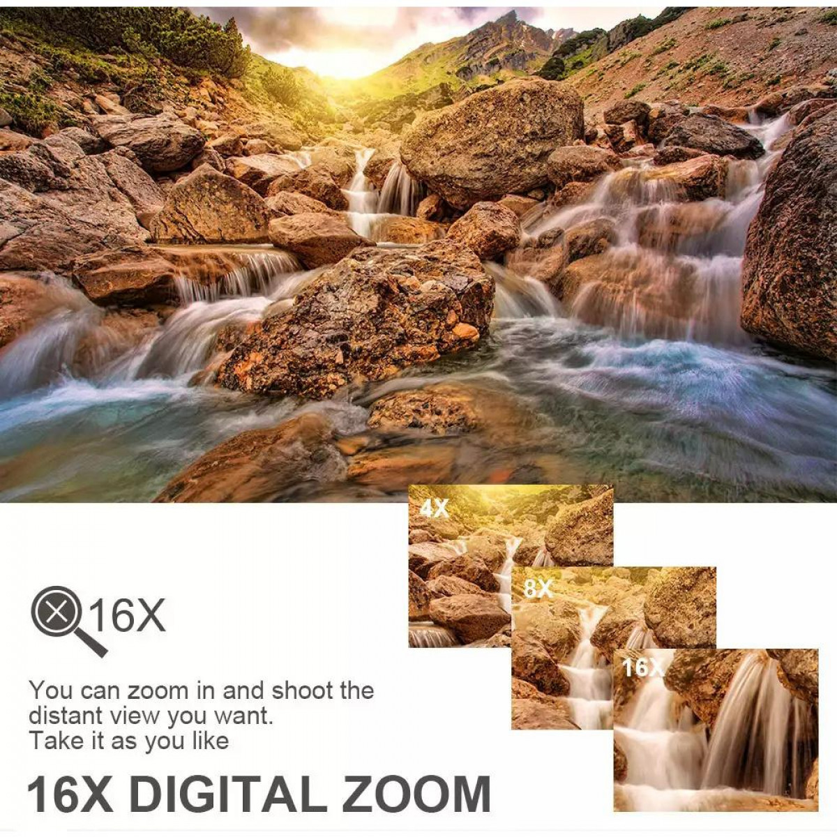 Obraz wodospadu z opcjami zoomu cyfrowego. Opcje zoomu to 4x, 8x i 16x.