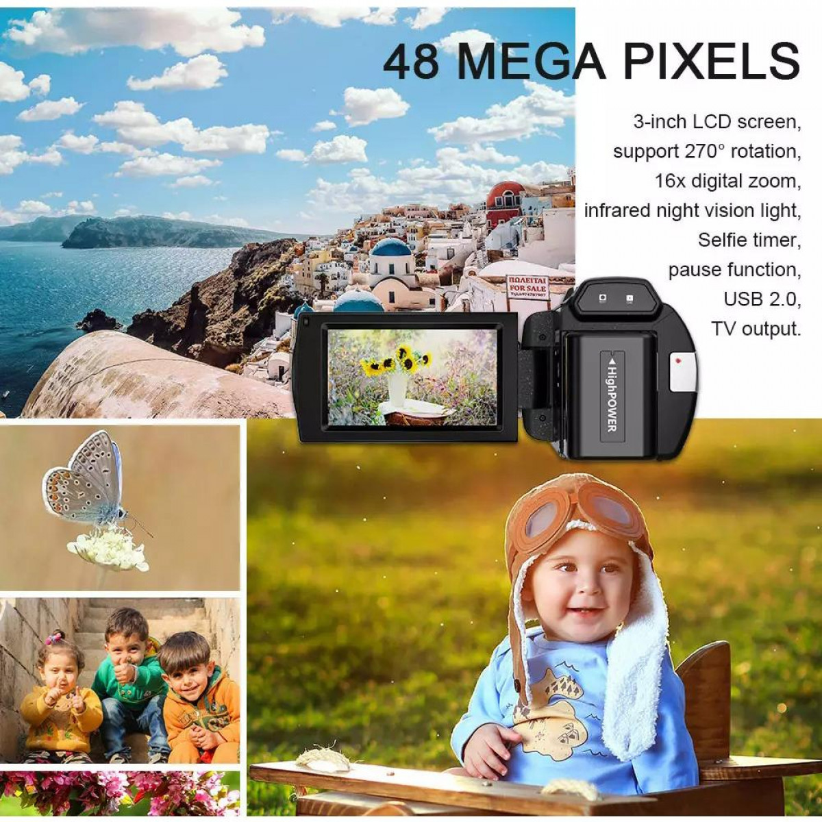 Obraz z różnymi obrazami: aparat, dziecko, motyl i dzieci.