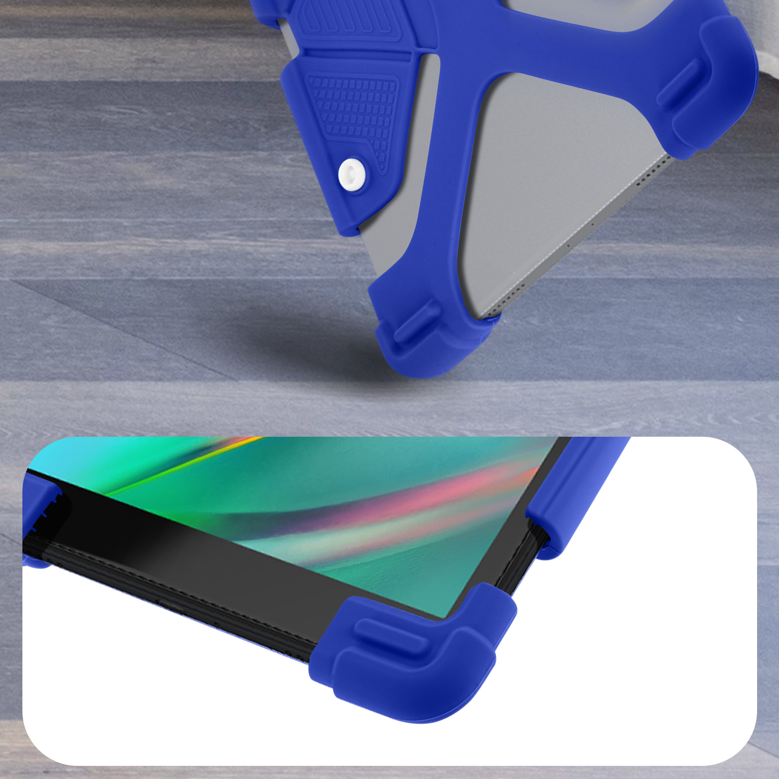Blau-graue Tablethülle mit einem Tablet im Inneren. Die Hülle hat Schutzecken und eine glatte Rückseite.