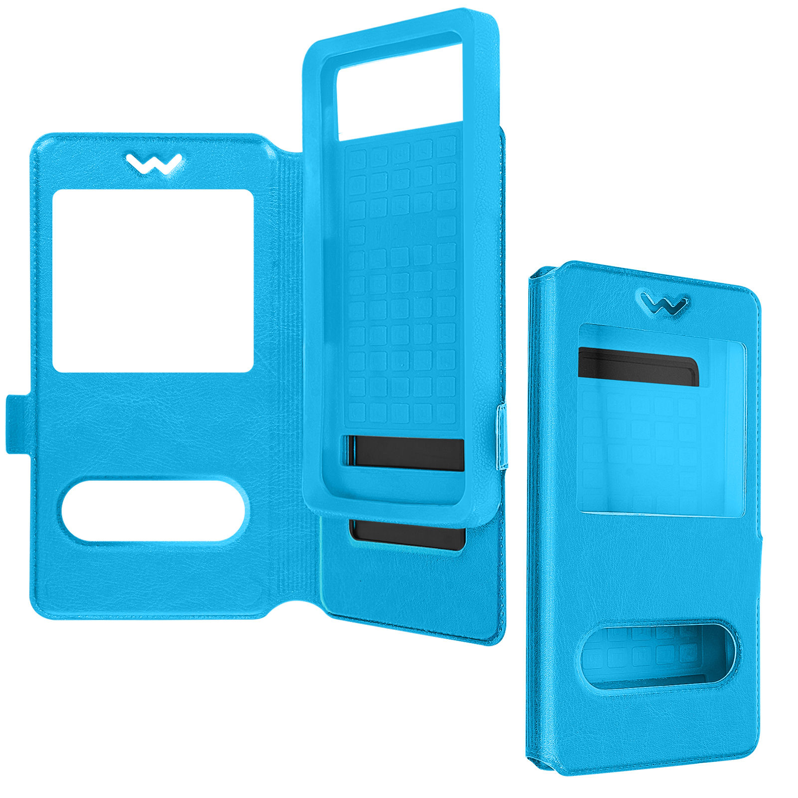 Custodia blu per telefono, aperta, con un ritaglio per lo schermo e una custodia chiusa.