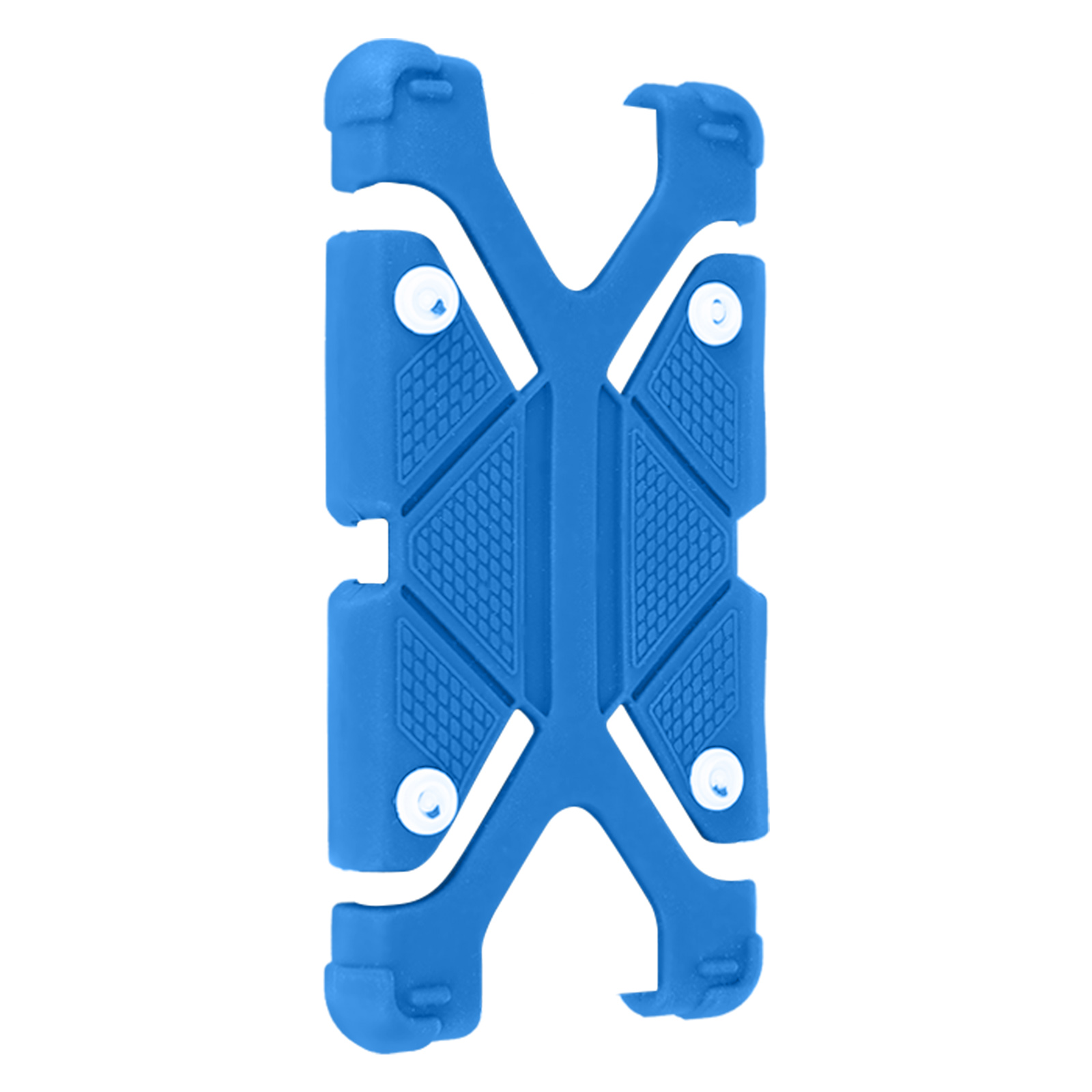 Ein blauer Handyhalter mit strukturierter Oberfläche. Weißer Hintergrund.