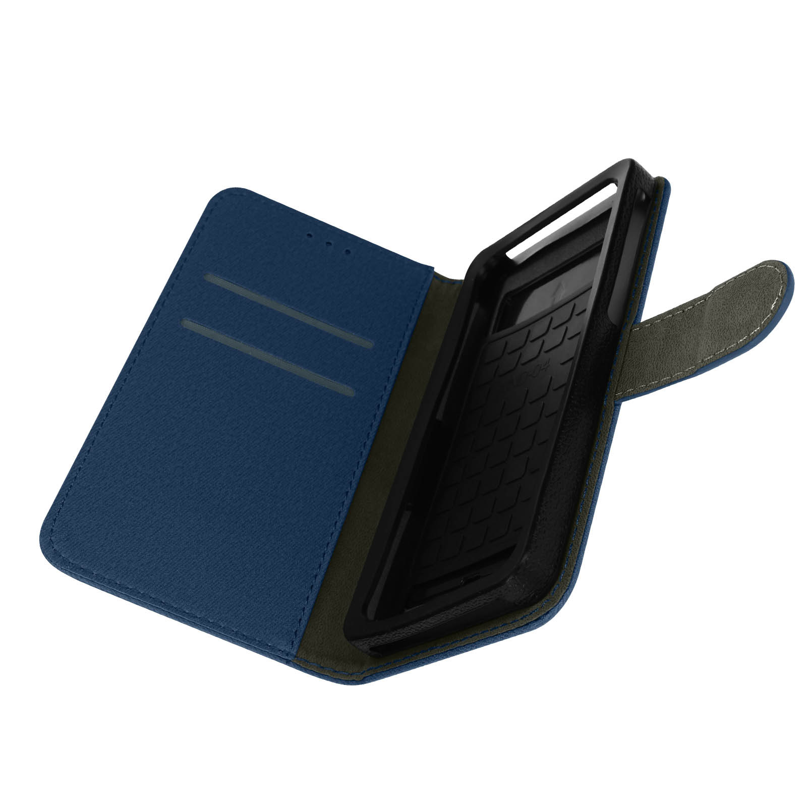 Custodia del telefono blu aperta. La custodia interna è nera. Il lato destro include una chiusura. Nessun telefono presente.