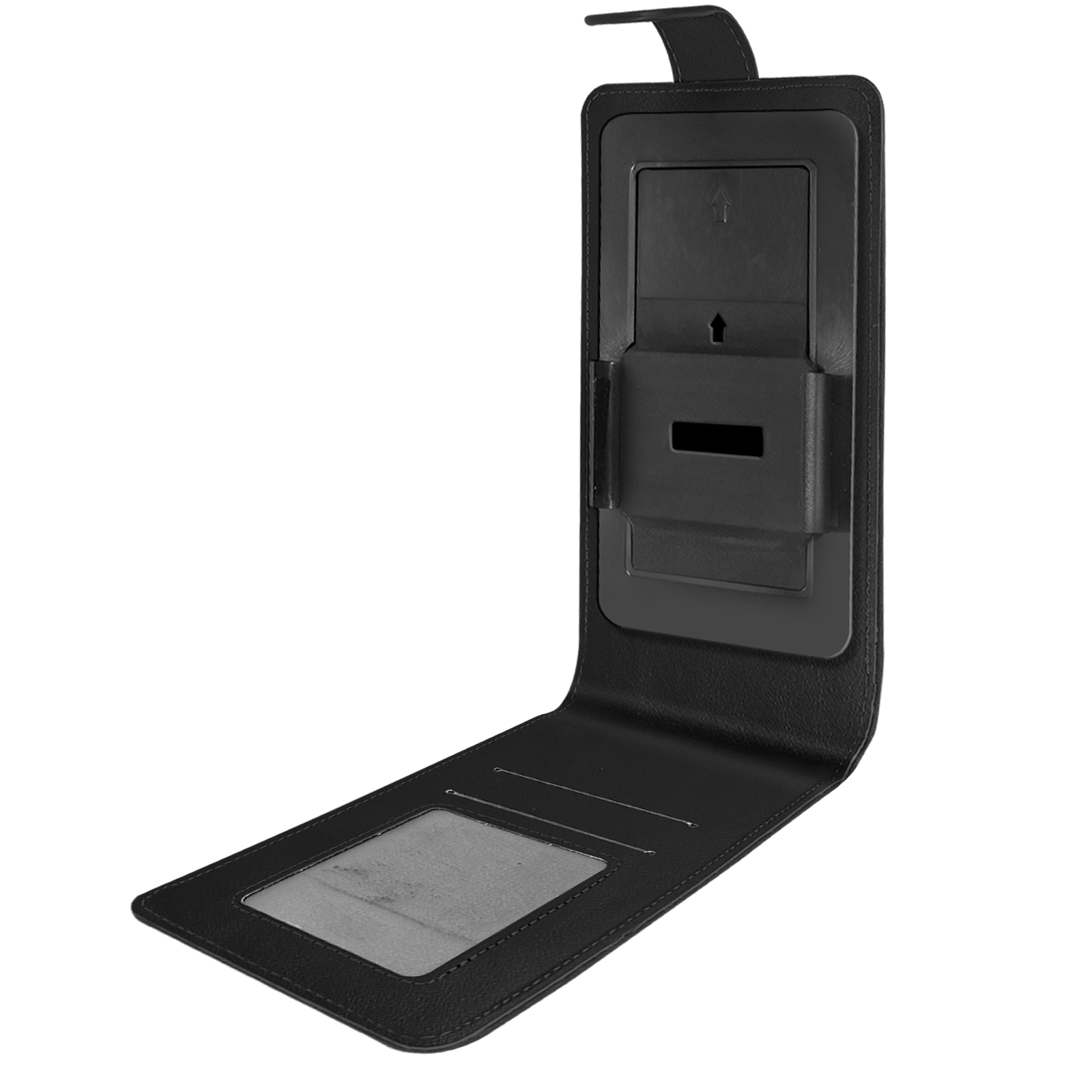 Custodia per telefono in pelle nera, aperta, con fessura per carte e supporto per telefono, display angolato.