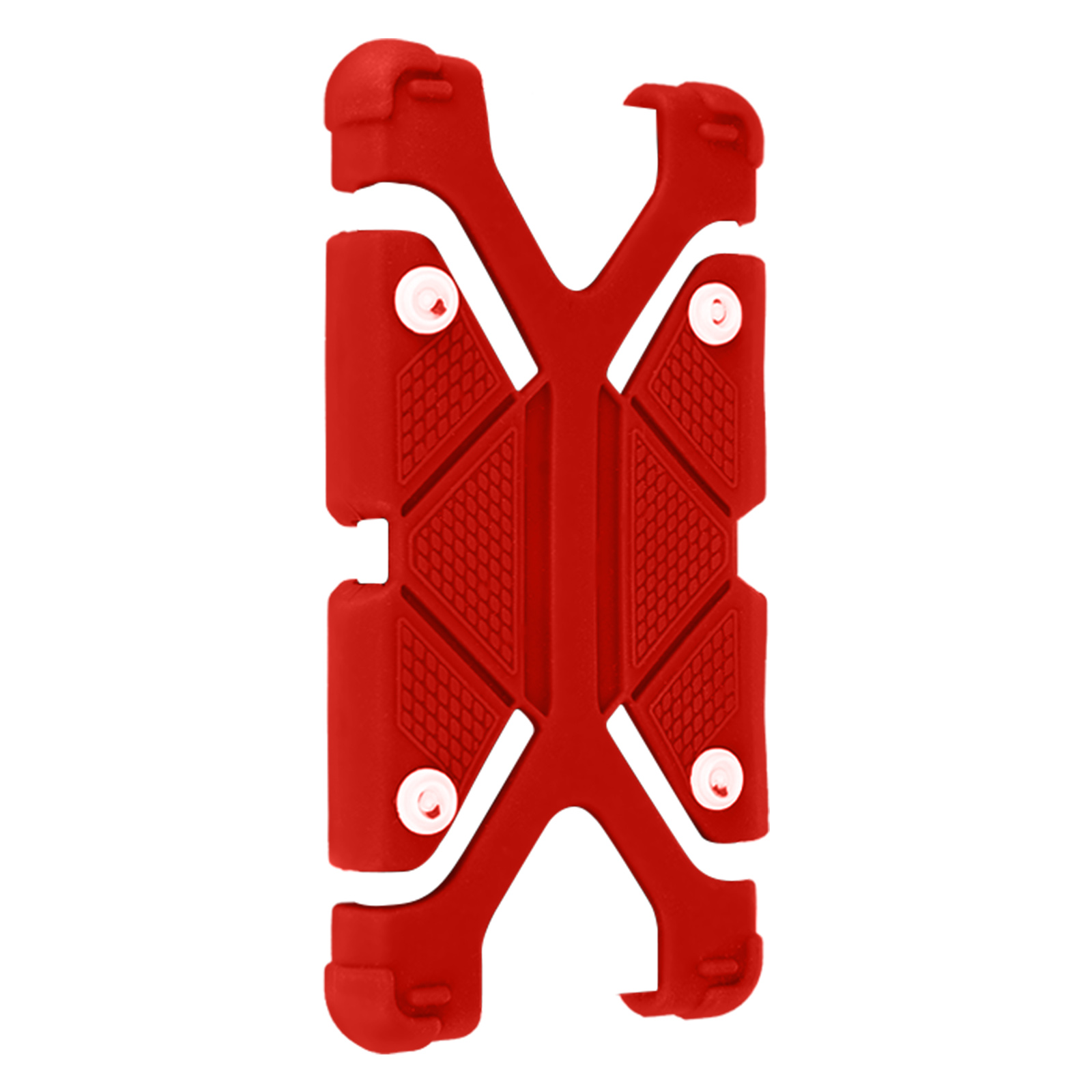 Eine rote Handyhülle mit geometrischem Design und weißen Schrauben.