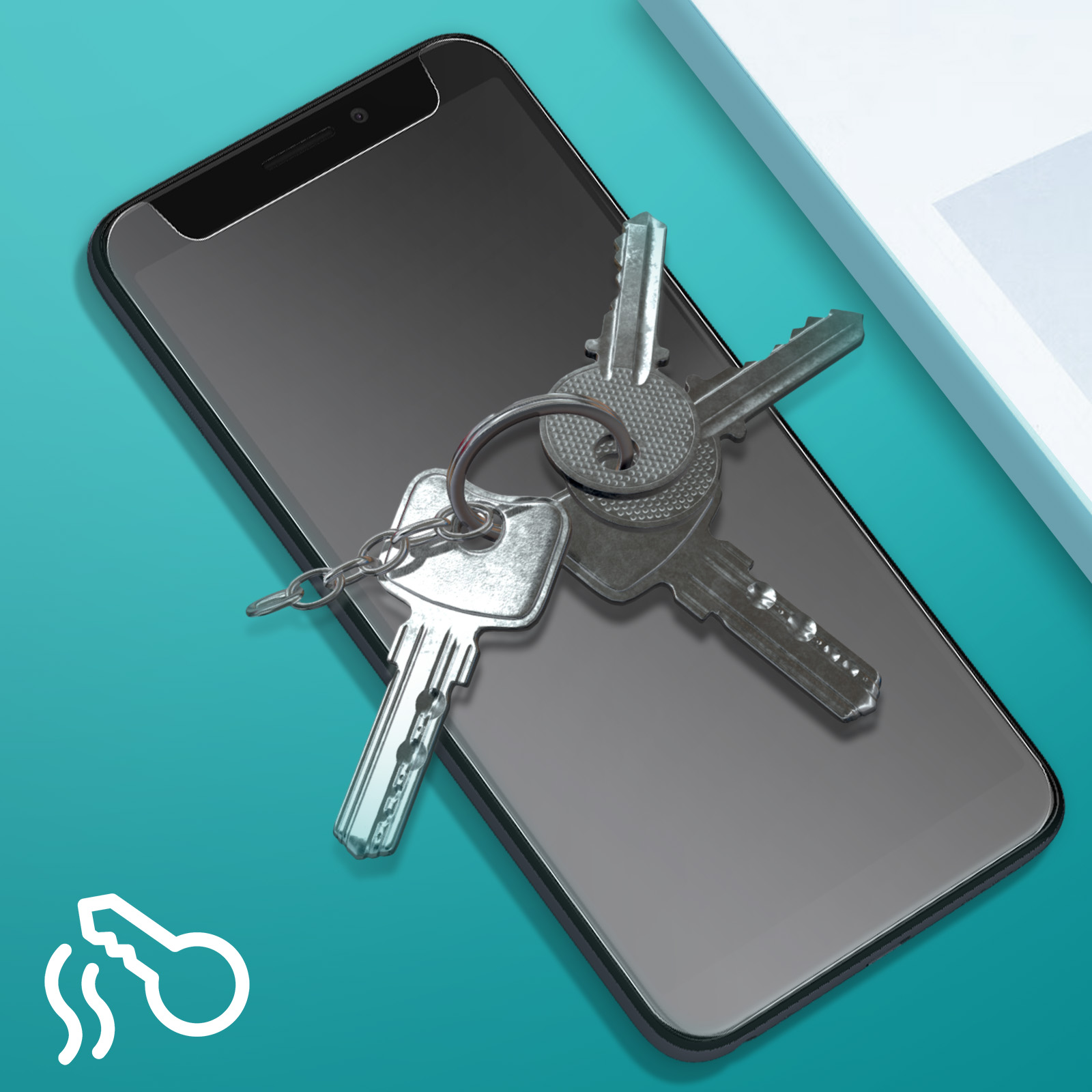 Un proteggi schermo per smartphone e chiavi su sfondo turchese.