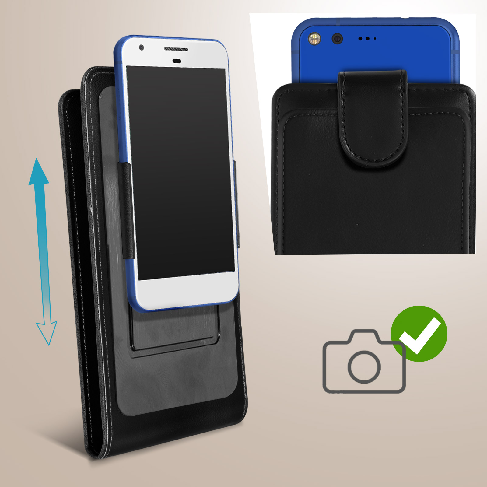 Telefono in una custodia con patta aperta, che mostra un telefono blu. È presente un'icona di spunta.