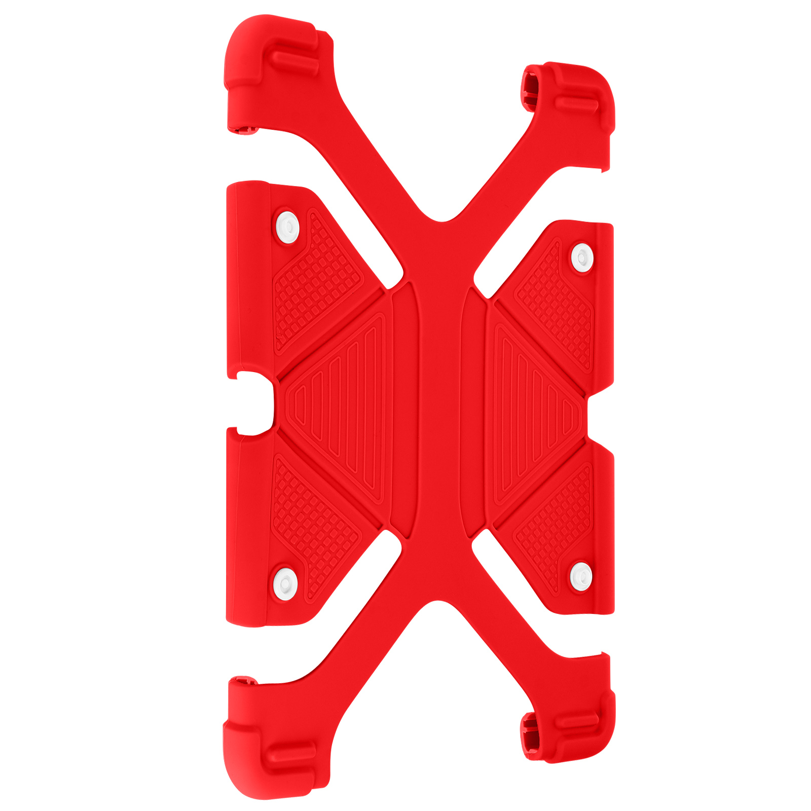 Roter, Kunststoff-Tablethalter mit weißen Schraubenköpfen. Er hat eine X-Form mit Quadraten und Löchern.