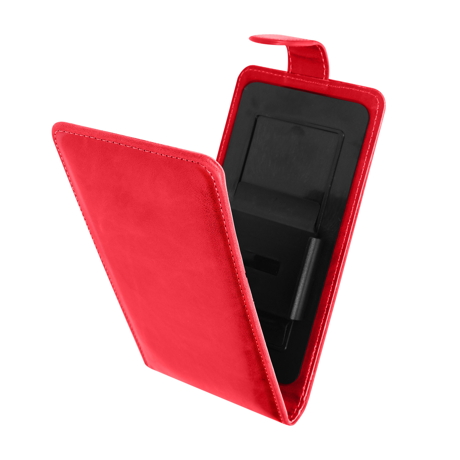 Una custodia per tablet rossa è aperta, mostrando le caratteristiche interne. La custodia è rossa.