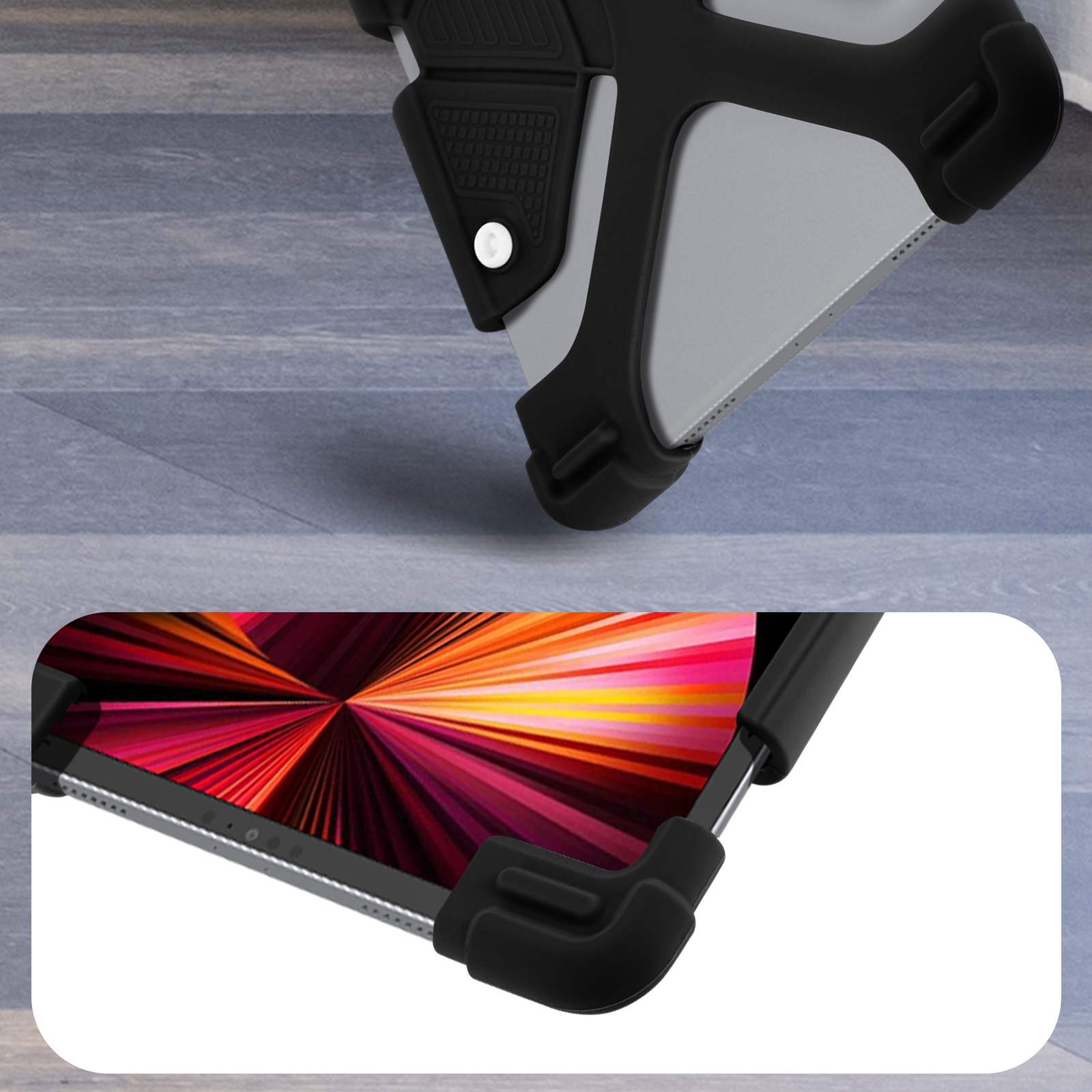 Nahaufnahme eines Tablets in einer schwarzen Schutzhülle. Die Hülle hat verstärkte Ecken und eine graue Rückseite.