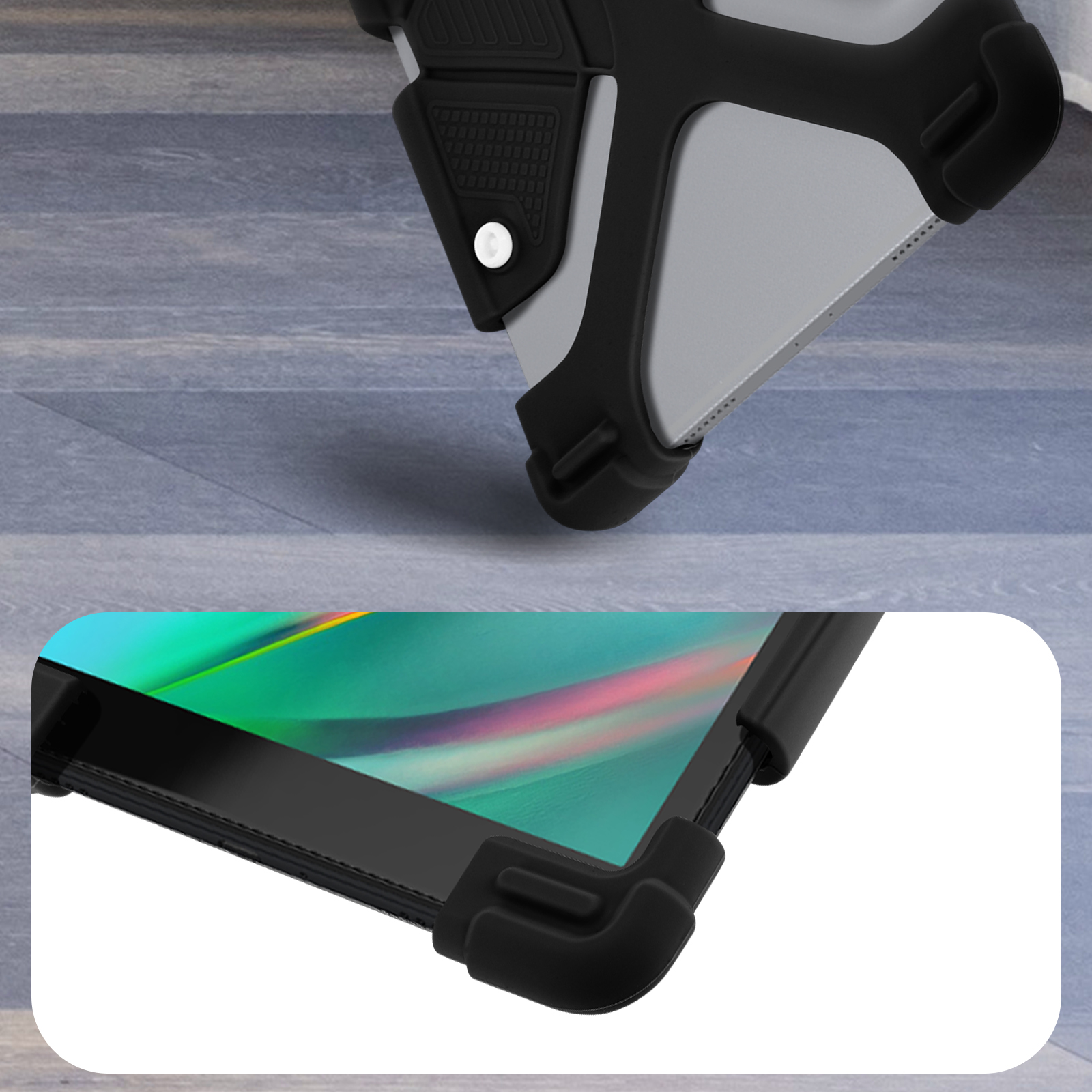 Nahaufnahme einer Tablet-Hülle. Die Hülle ist schwarz und grau, mit einem weißen Knopfdetail.